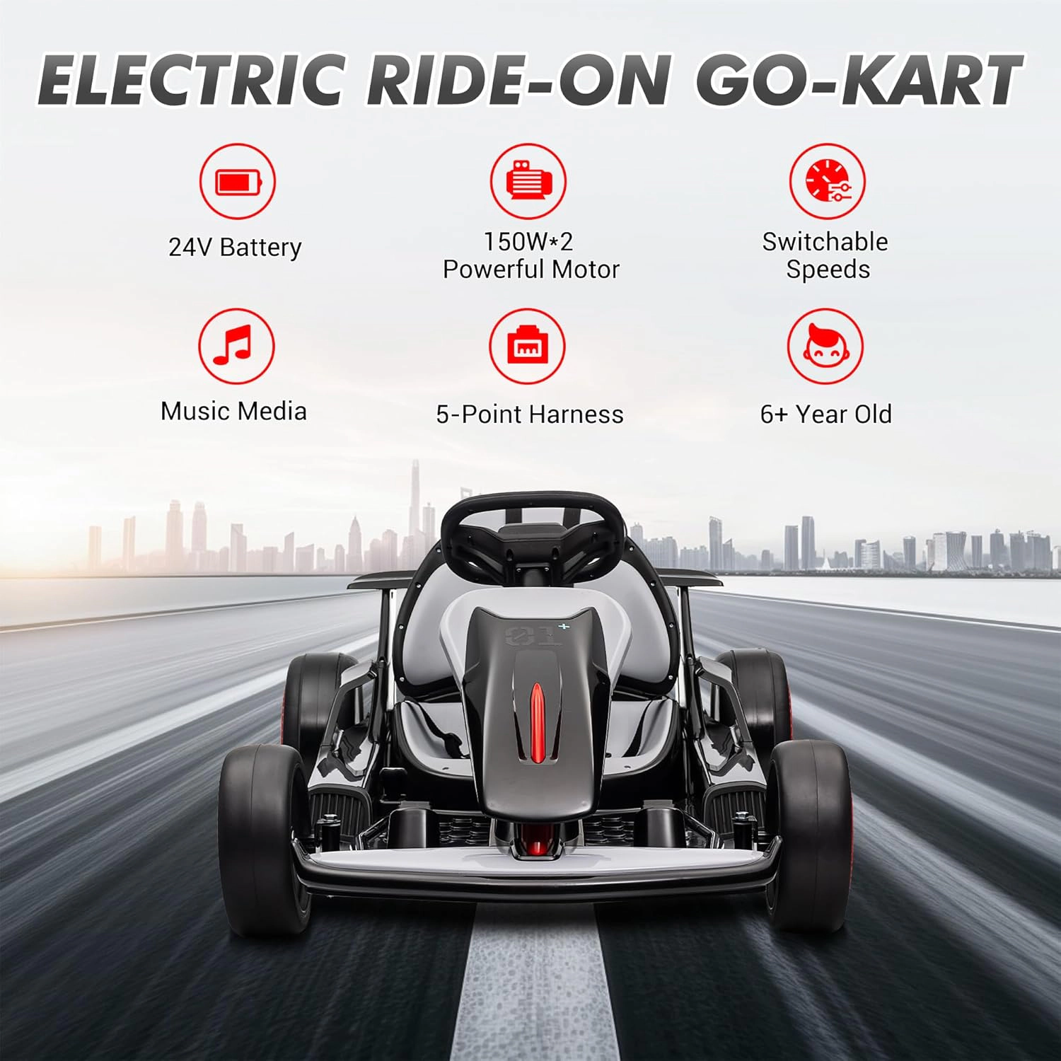 24V Kids Electric Drift Go Kart, 2×200W Motors, Adjustable Seat, LED Lights, Outdoor Ride-On Race Car for Ages 6-12