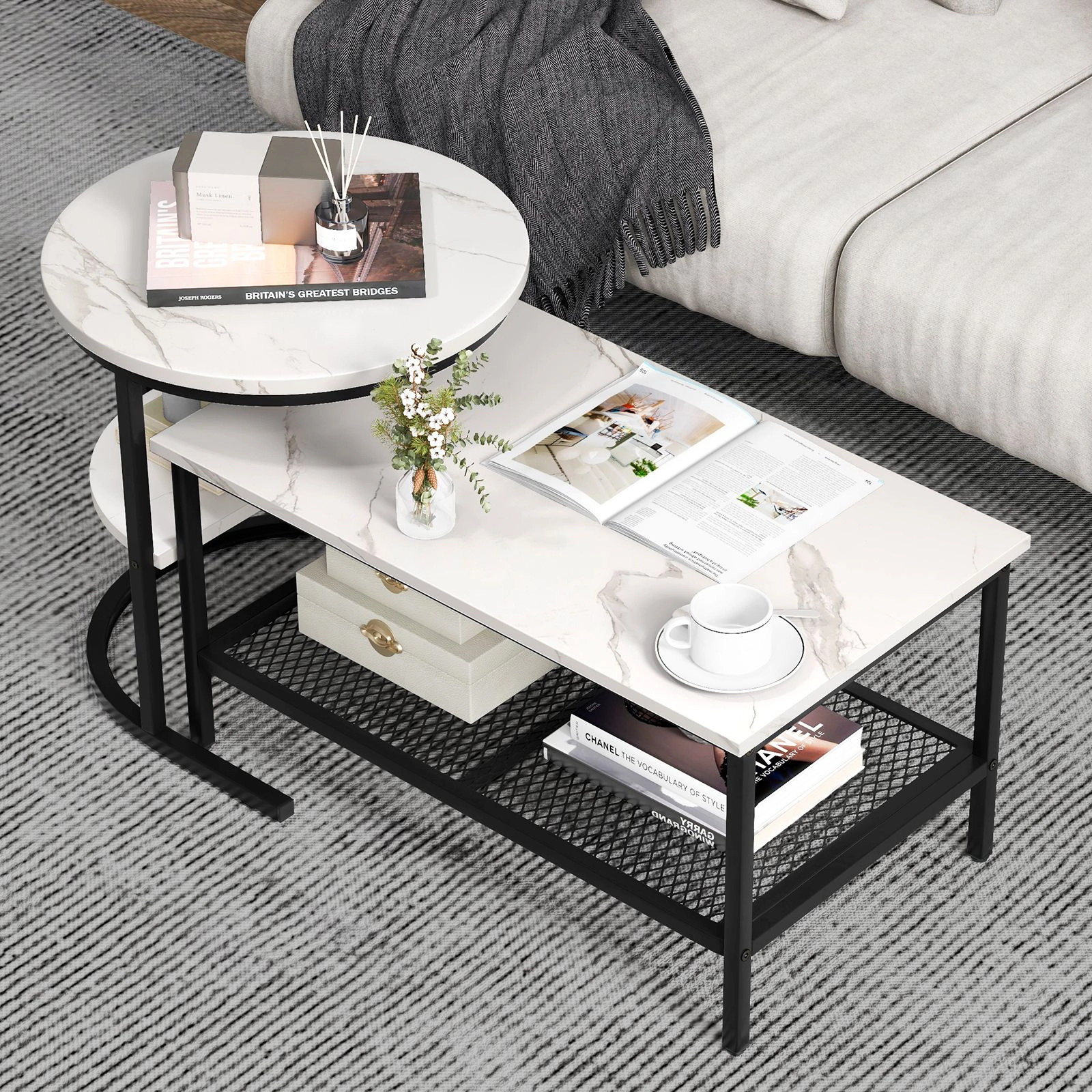 SlickBlue Nesting Coffee Table Set with Faux Marble Tops and Shelf