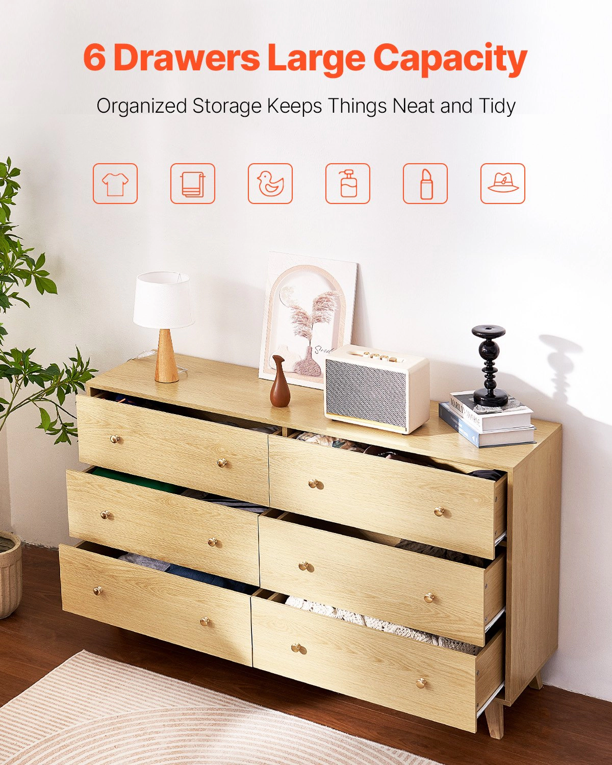 HONGGE 6 Drawer Dresser for Bedroom Wooden Chest of Drawers with Anti-Tip Hardware and Metal Rails, Light Wood
