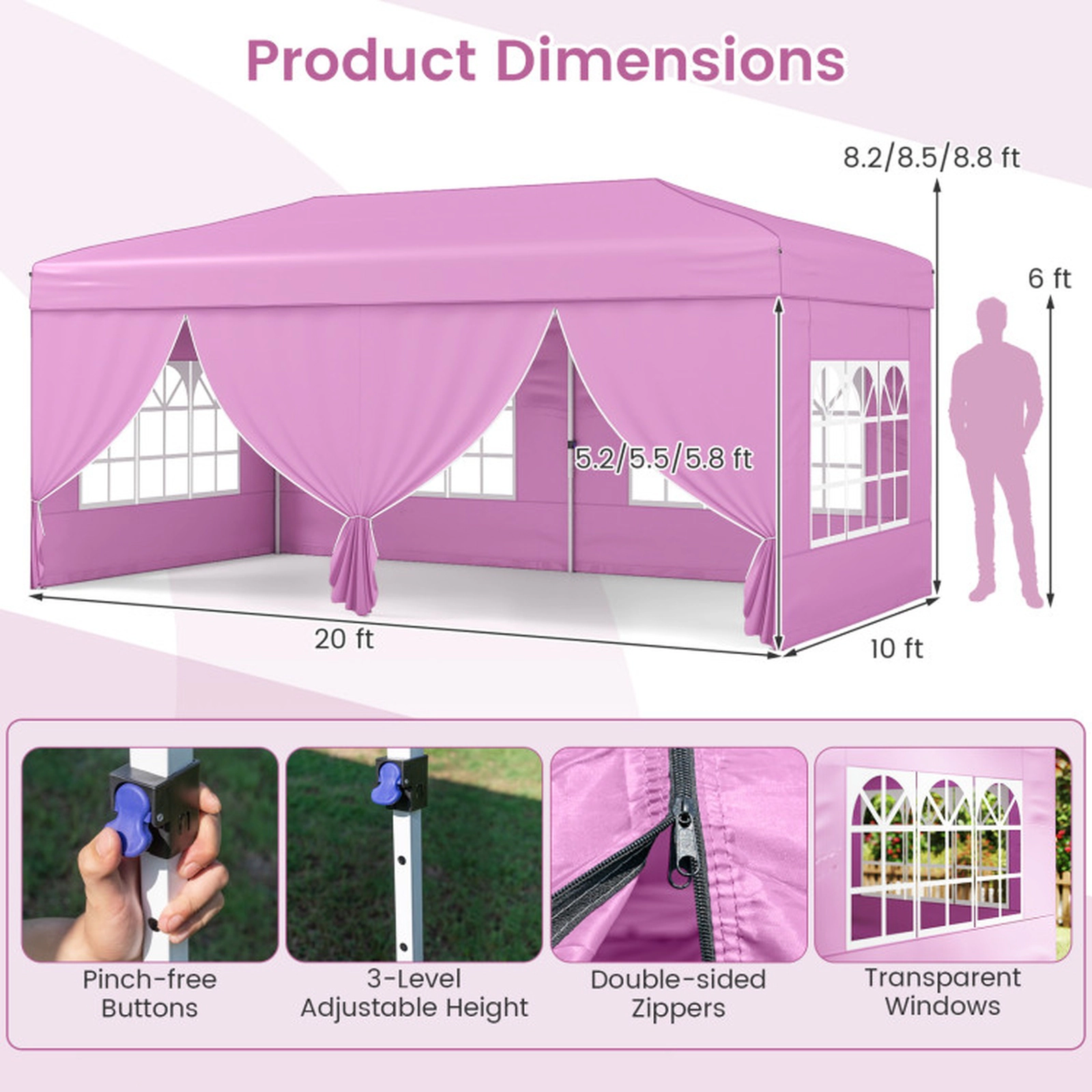 SUGIFT Pink 10-ft by 20-ft 3-Level UPF50+ Carbon Steel Pop Up Canopy Tent with 6 Sidewalls and Wheeled Bag