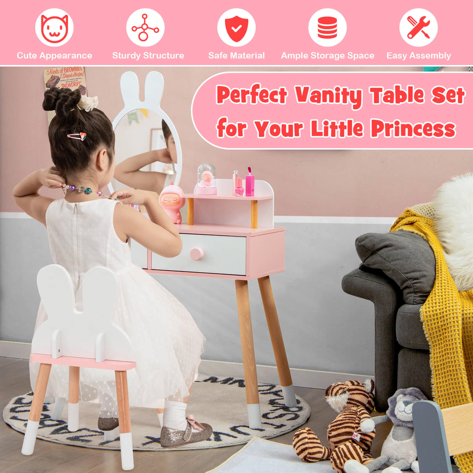 SUGIFT Kids Vanity Set with Rabbit Mirror, Storage Shelf and Backrest Chair