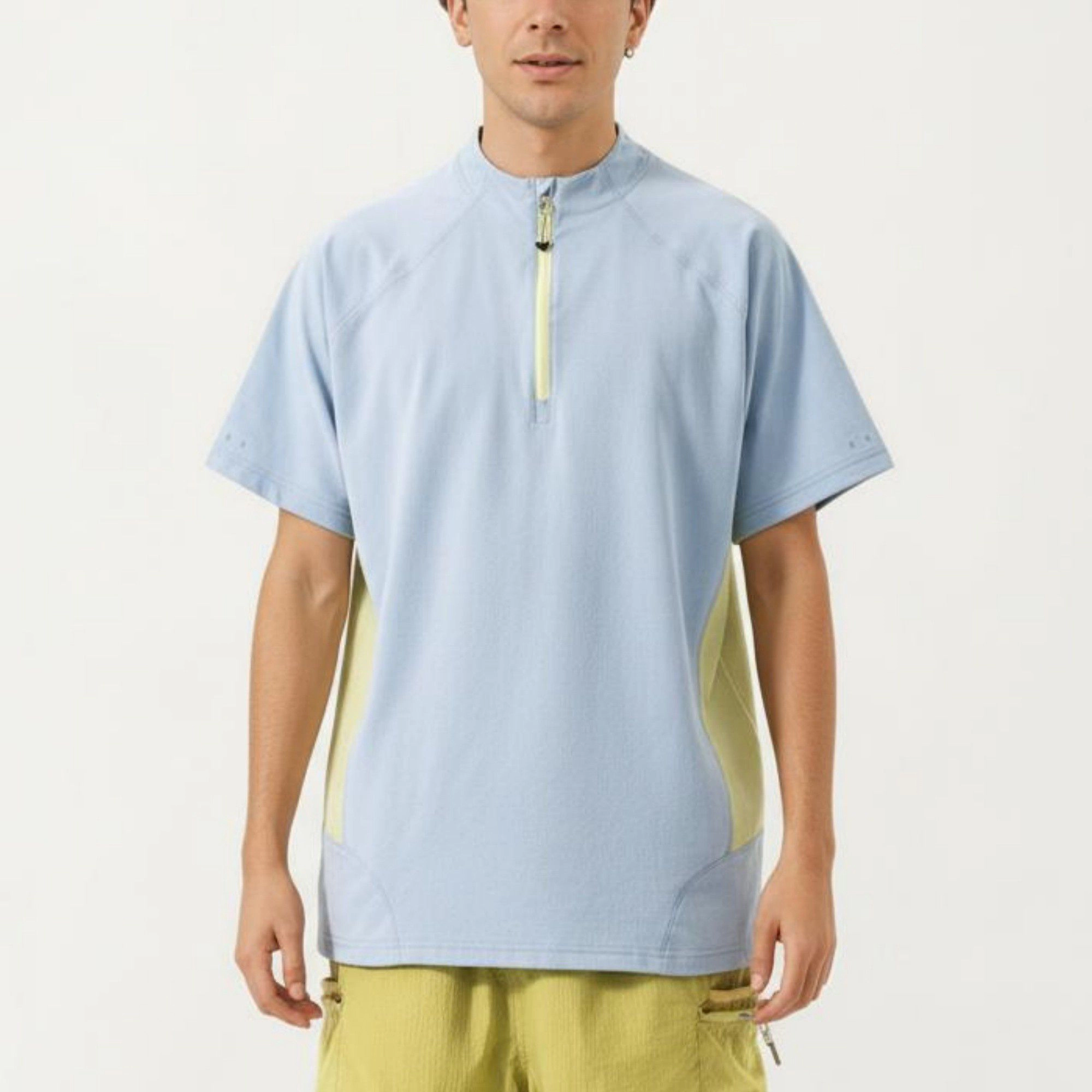 Alilang Men's Short Sleeve Athletic T-Shirt with Half-Zip Mock Neck Contrast Panels Breathable Lightweight Top