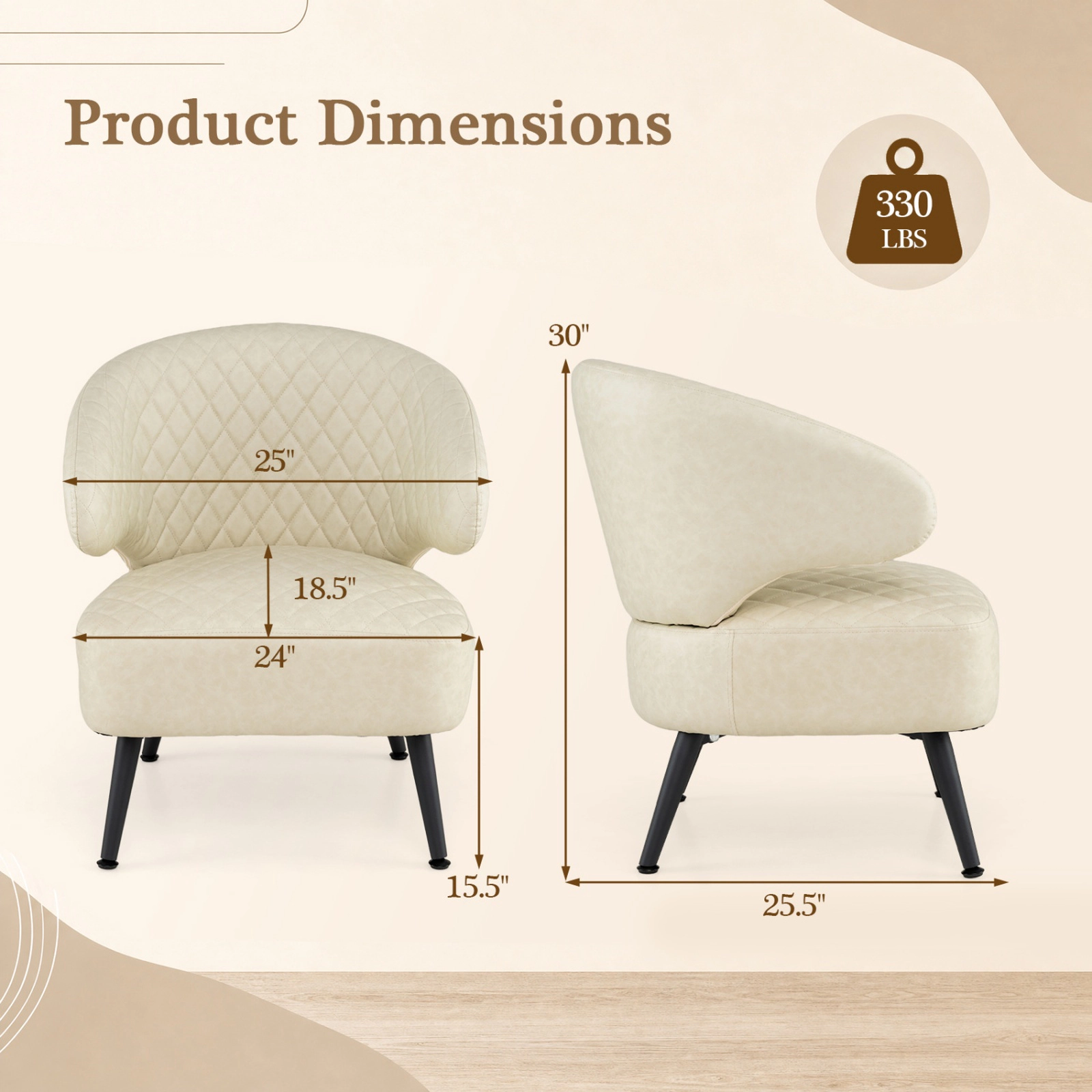 SUGIFT Diamond-Stitched PU Leather Mid Century Accent Armchair Curved Back 330-Lb Capacity 25 x 25.5 x 30 in Beige+Black