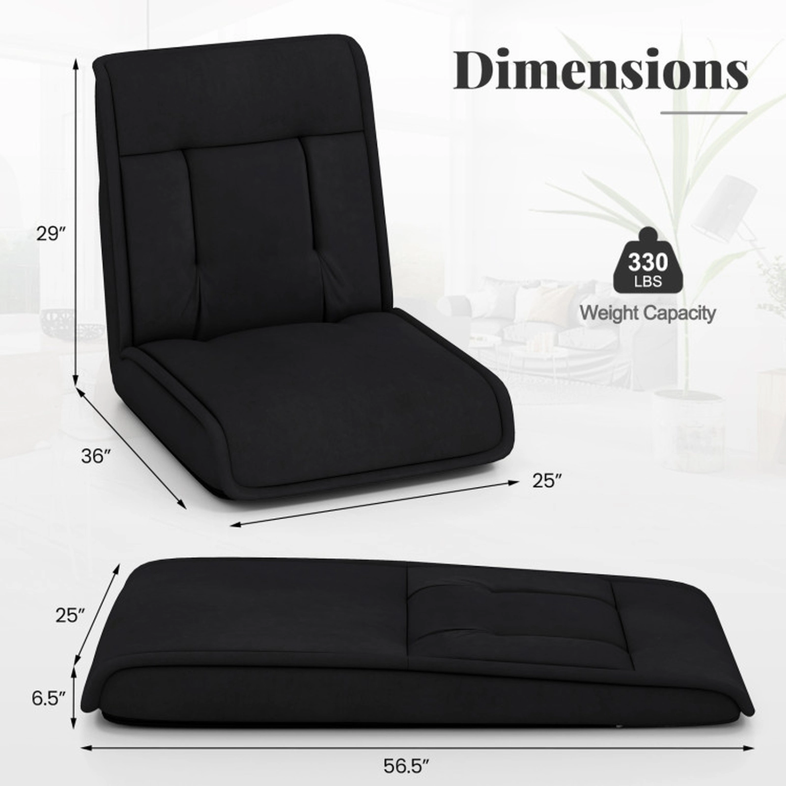 SUGIFT 3-in-1 14-Position Adjustable Headrest Faux Suede Convertible Floor Chair 56.5-in x 25-in 330-lb Capacity Black