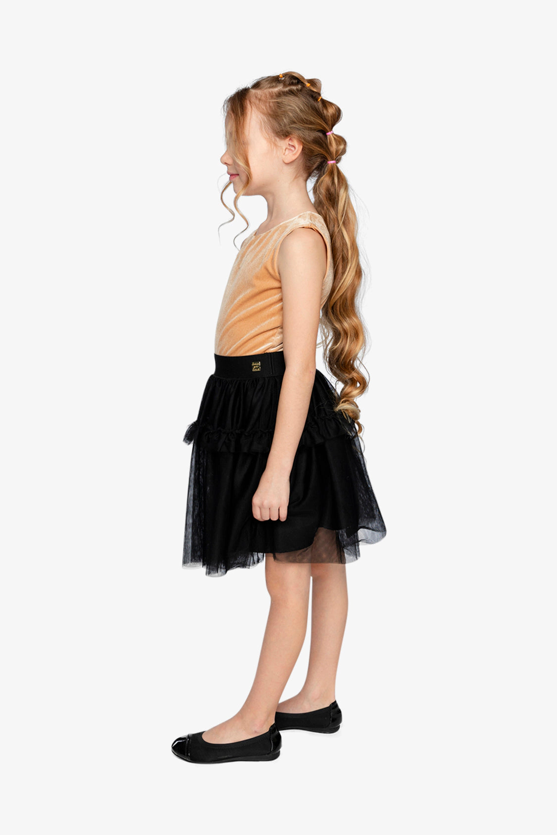 Deux par Deux Girls Bi-Material Sleeveless Tiered Mesh Ruffle Dress