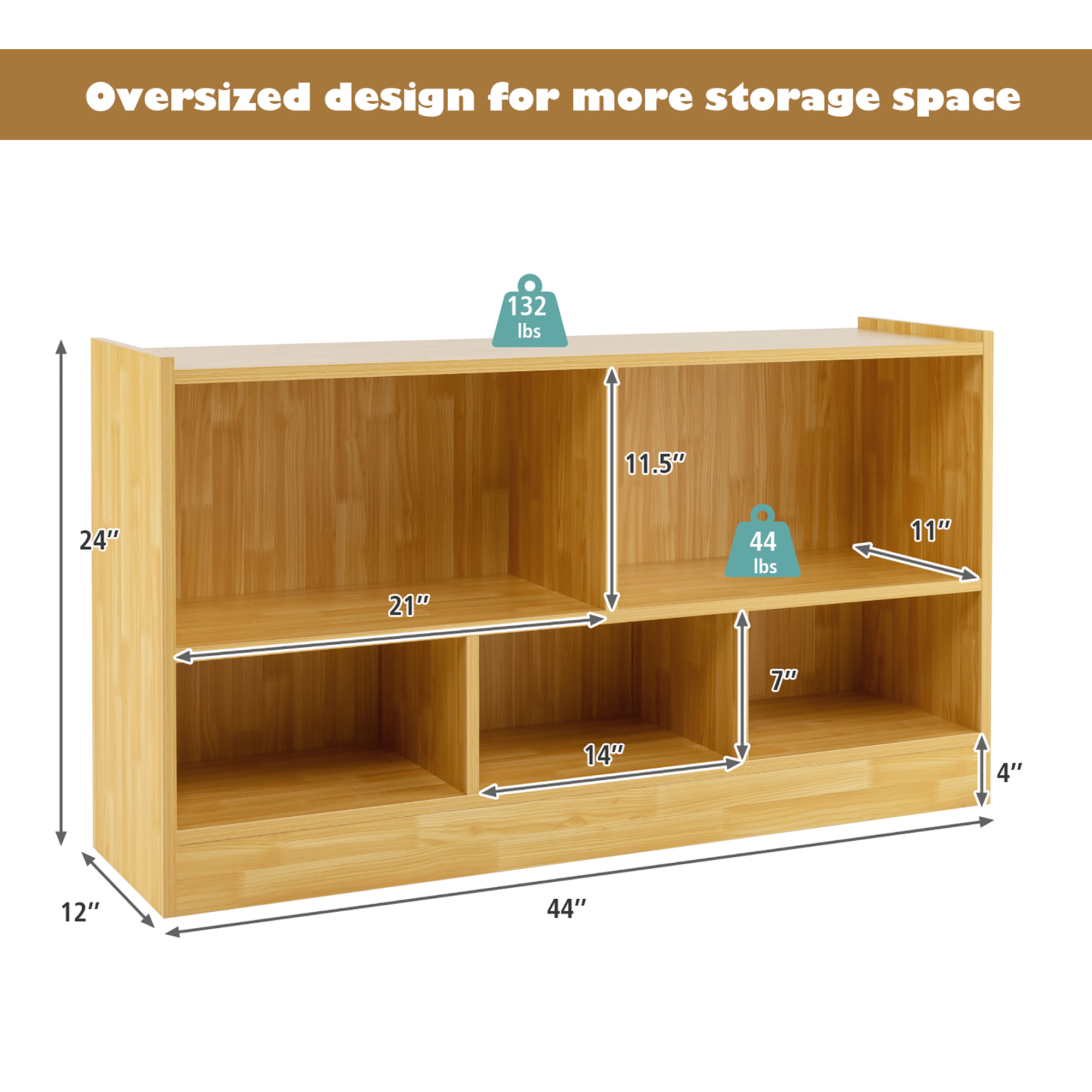 Costway Kids 2-Shelf Bookcase 5-Cube Wood Toy Storage Cabinet Organizer Grey