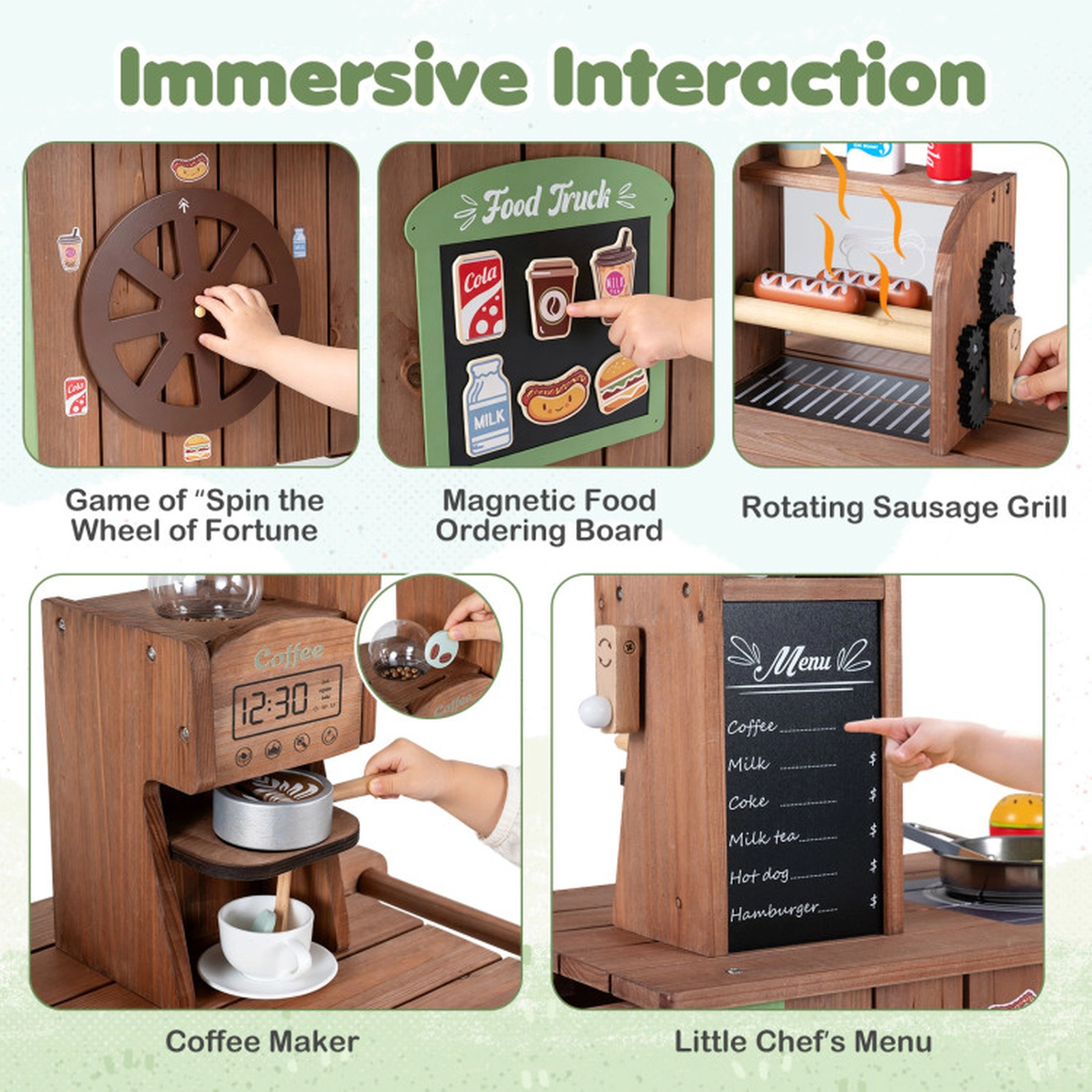 SUGIFT Hot Dog Grill Coffee Maker and Large Wheels Wooden Kids Grocery Store Playset