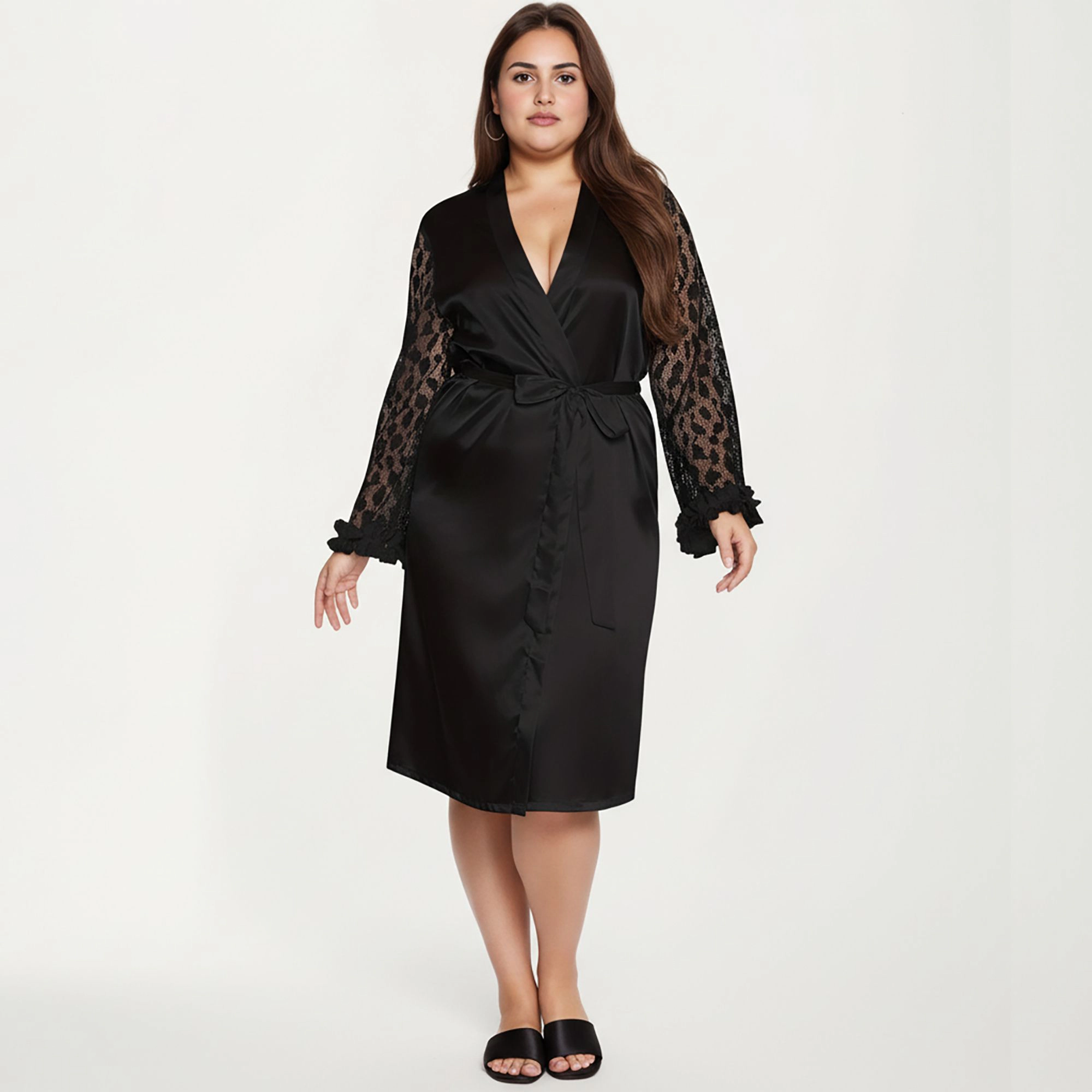 Anna-Kaci Women's Plus Satin Robe with Sheer Floral Lace Sleeves Ruffled Cuffs and Adjustable Waist Tie