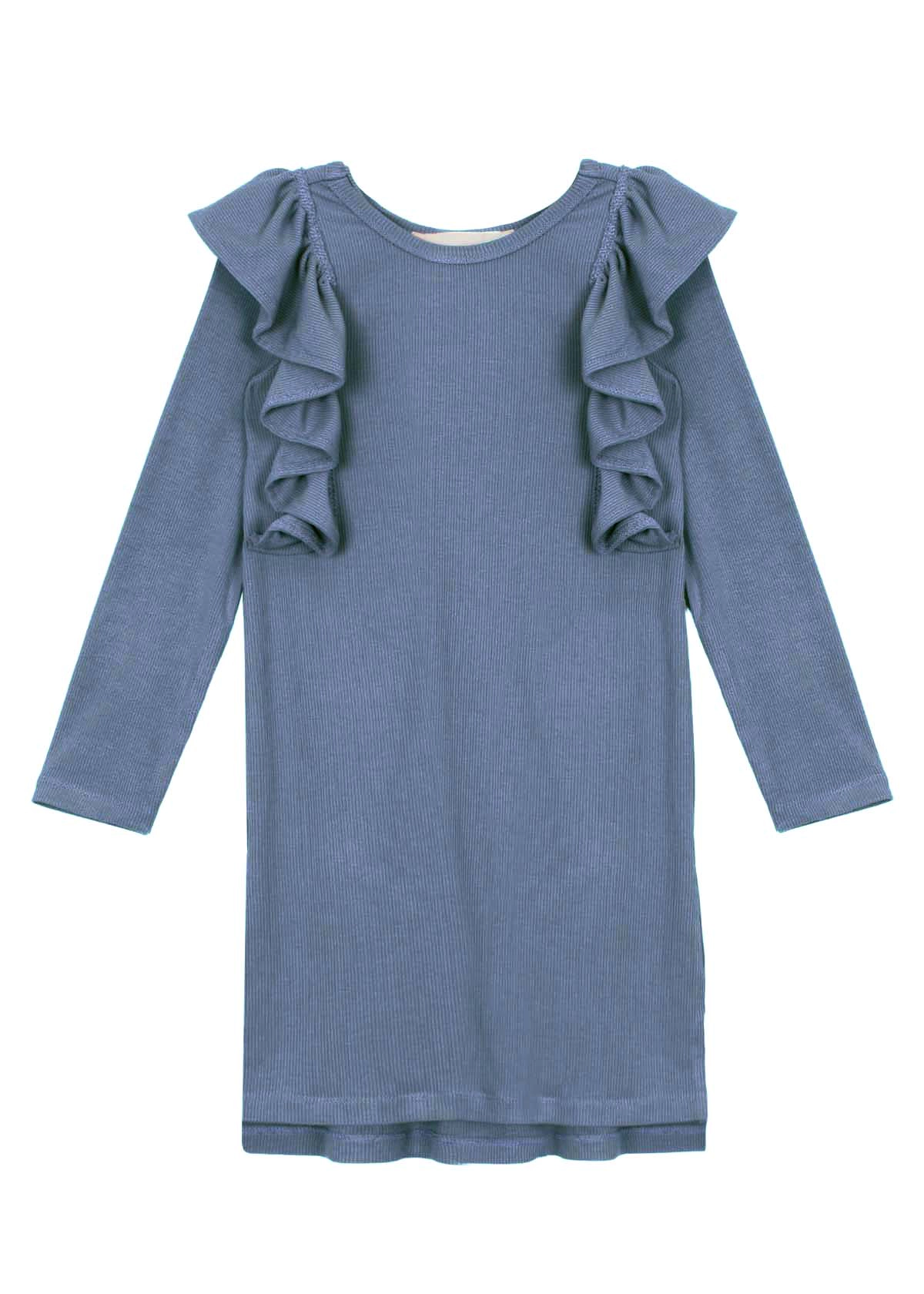 Mabel and Honey Candy Land Knit Dress, Long-Sleeve Ribbed Ruffle Chest Dress Dusty Blue