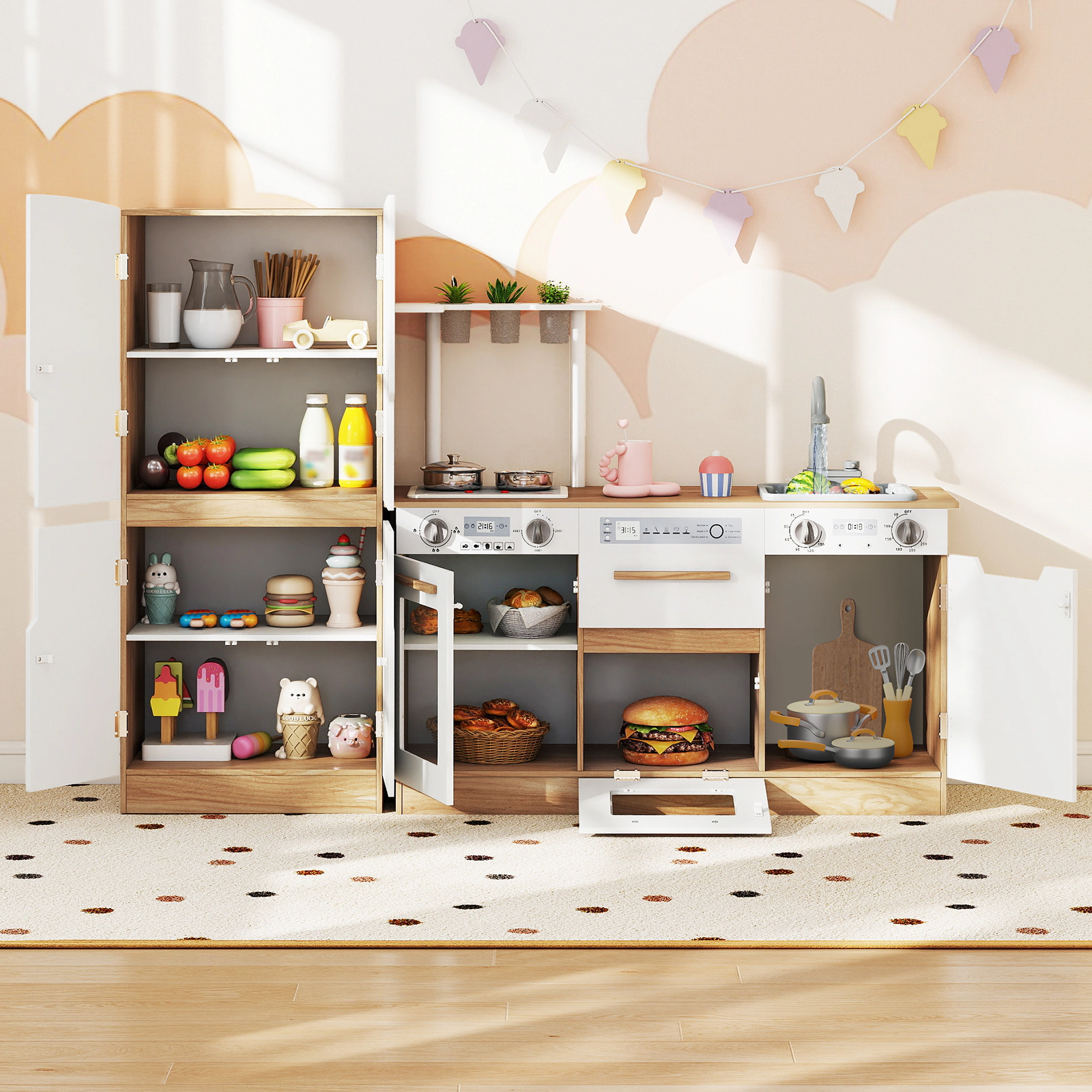 Wooden Play Kitchen for Toddlers Disinfection Cabinet 3 Planting Pots Fridge Tower 35.5-in Kitchen Set Ages 3+ Natural