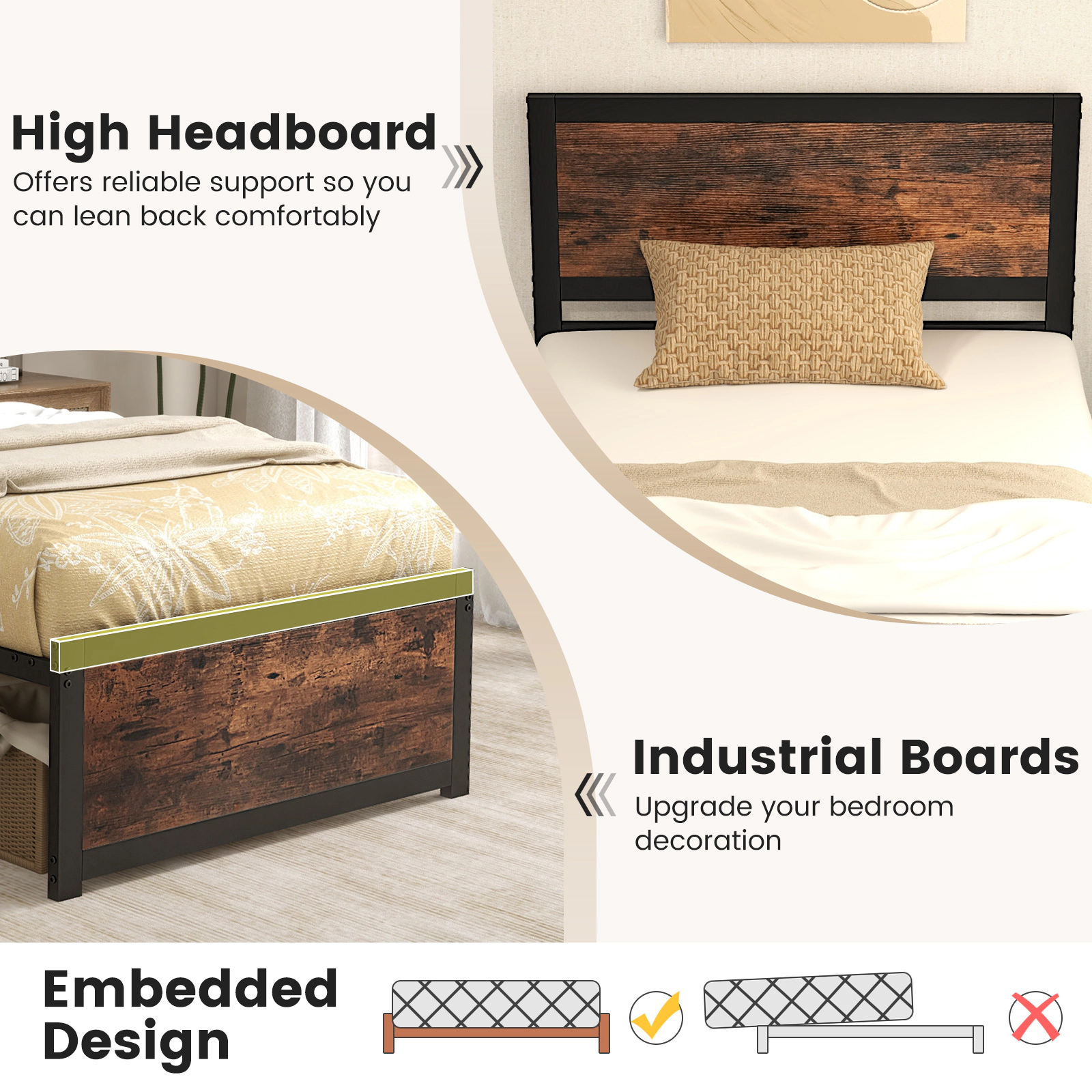 SUGIFT Sprayed Metal Twin Bed Frame with High Headboard and Mute Bars 490-Lb Capacity 77-in Length Rustic Brown & Black
