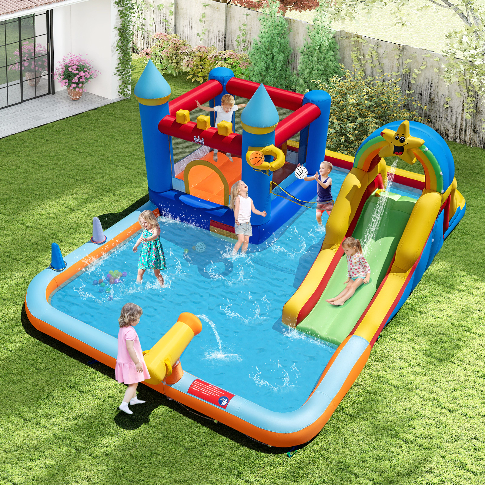 SUGIFT Inflatable Water Slide Park with Climbing Wall and Splash Pool Bounce House 200-lb Capacity Ages 3-12 Colorful