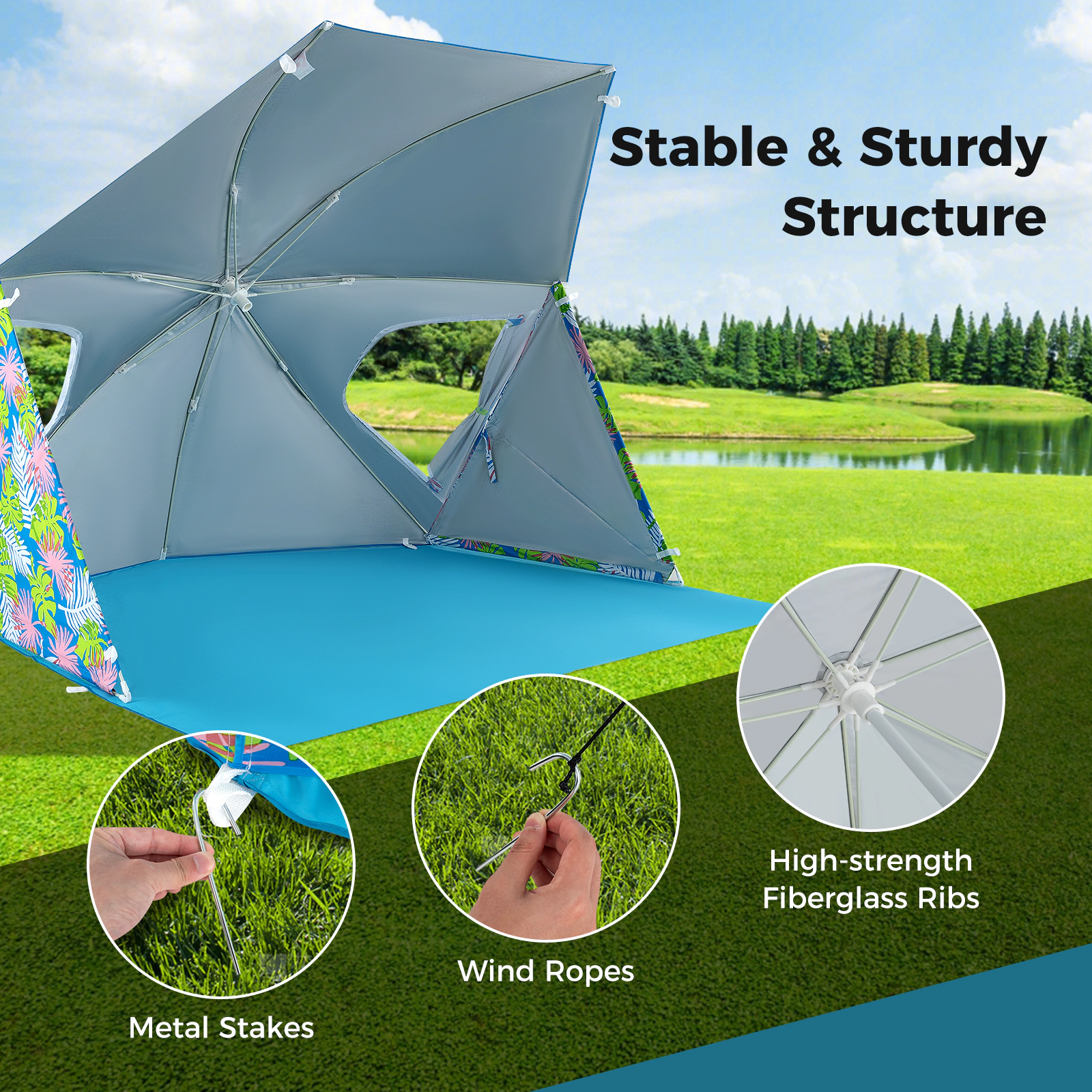 SUGIFT UPF50+ Sun Protection 2-in-1 Beach Umbrella Tent with Portable Carrying Bag Blue