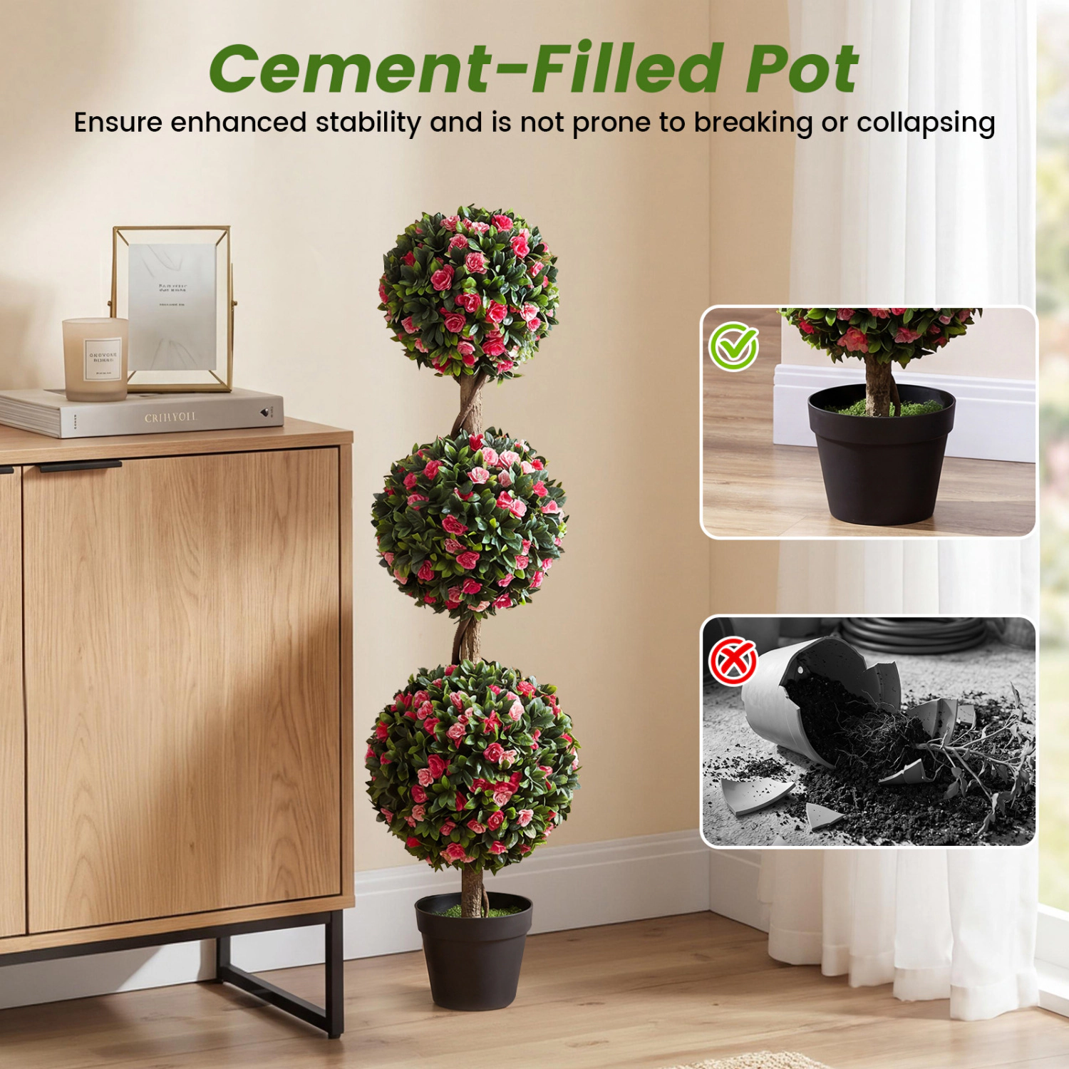 Slickblue Set of 2 Artificial 3 Ball Topiary Tree 45 Inch Potted Faux Plant for Home Office Patio Decor