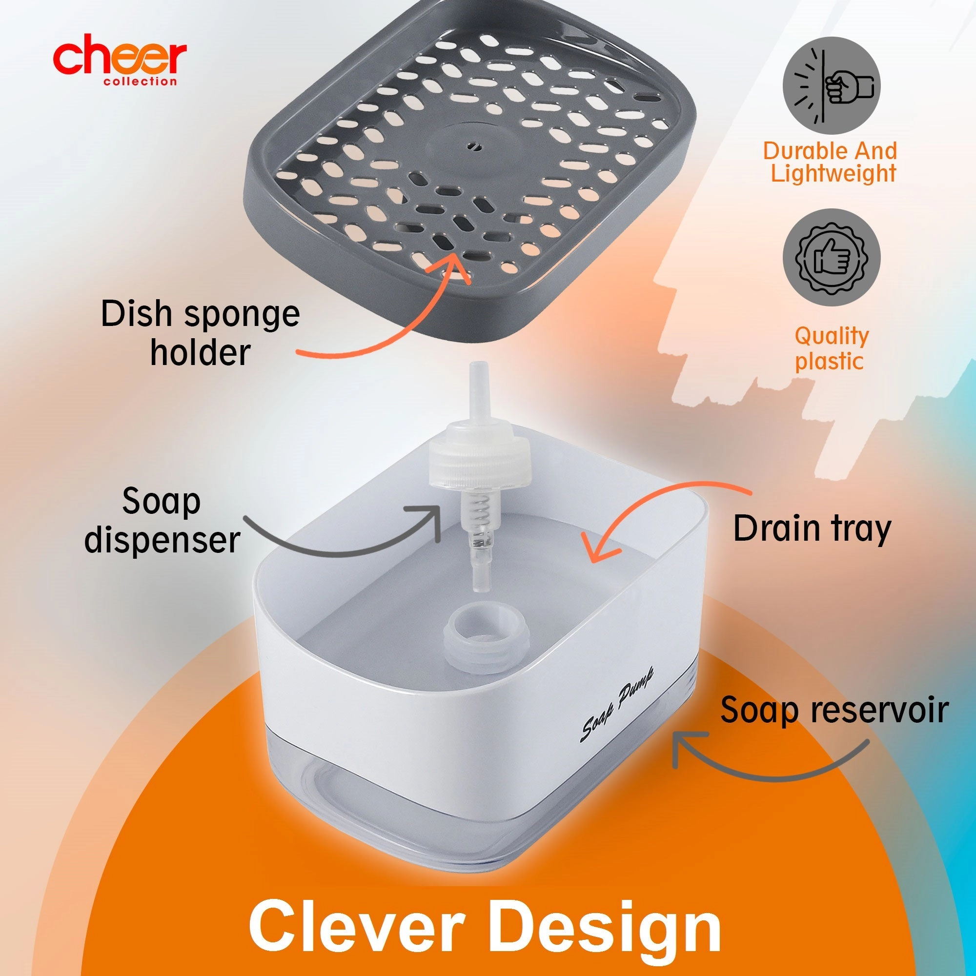 Cheer Collection Dish Soap Dispenser and Sponge Holder for Home Kitchen Use