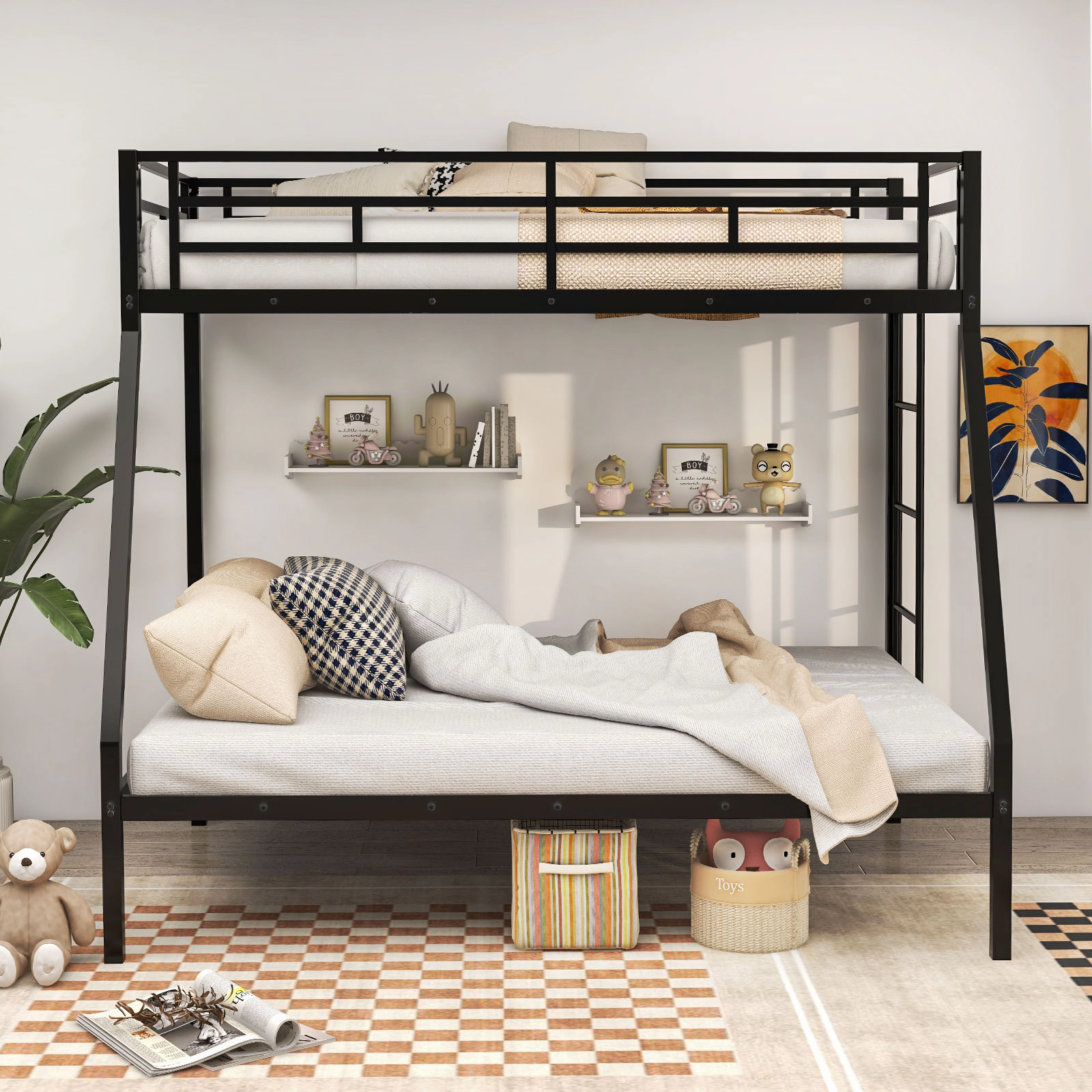 SUGIFT Space-Saving Twin-Over-Full Metal Slatted Bunk Bed Frame 440/660-Lb Capacity No Box Spring Needed Black/White