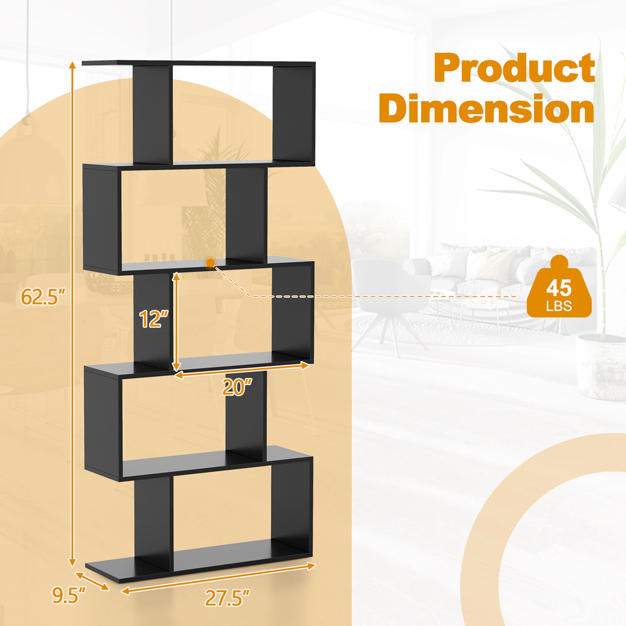 Costway 1/2 PCS 5-Tier Bookshelf Geometric S-Shaped Bookcase Room Divider Storage Display
