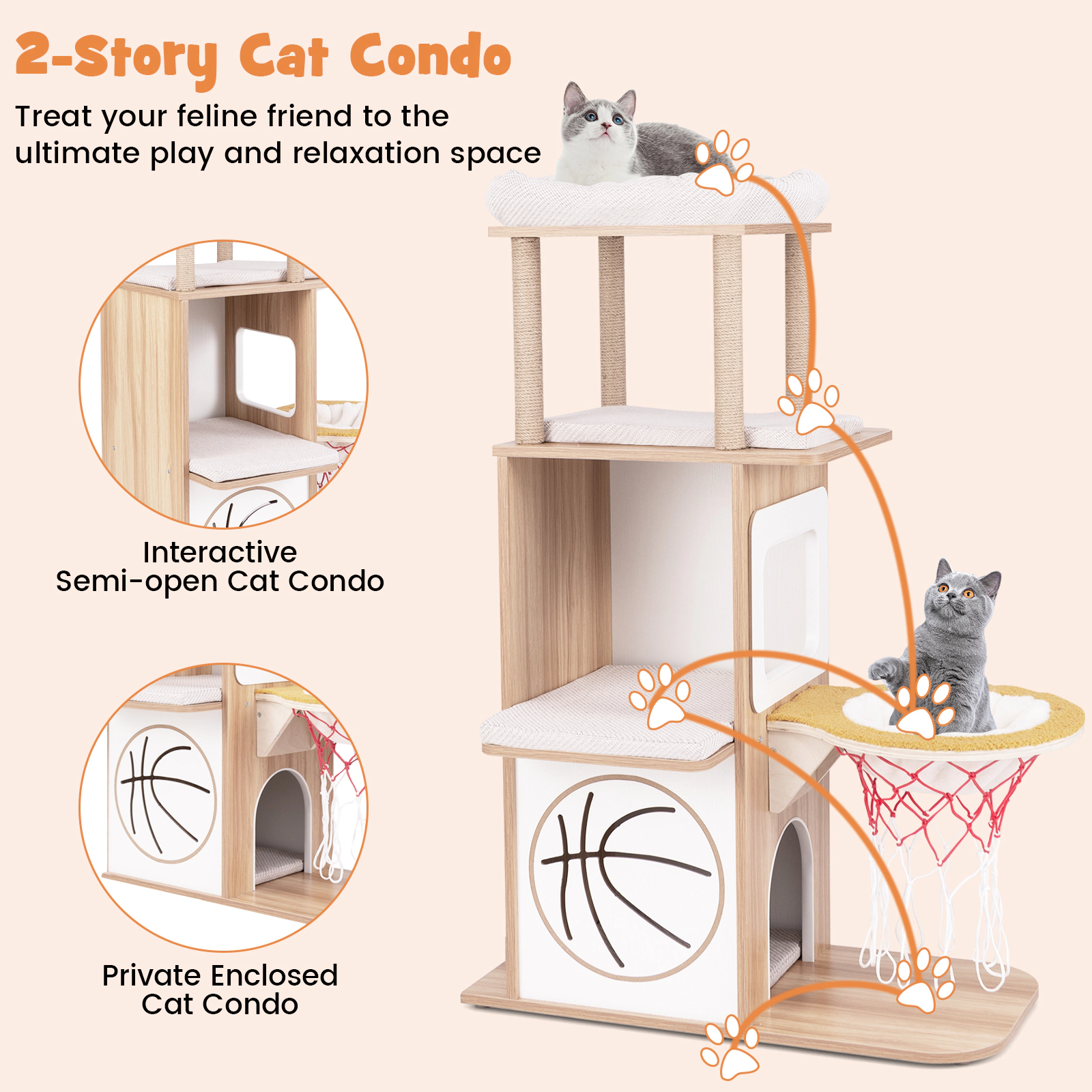 SUGIFT Natural 47 in Wooden Cat Tree with 2-Story Condo and Basketball Hoop Hammock