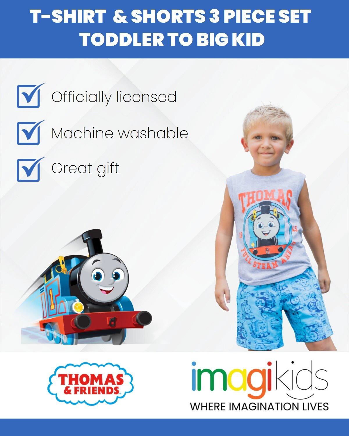 Thomas & Friends Boys' 3-Piece Tee Tank and Shorts Set