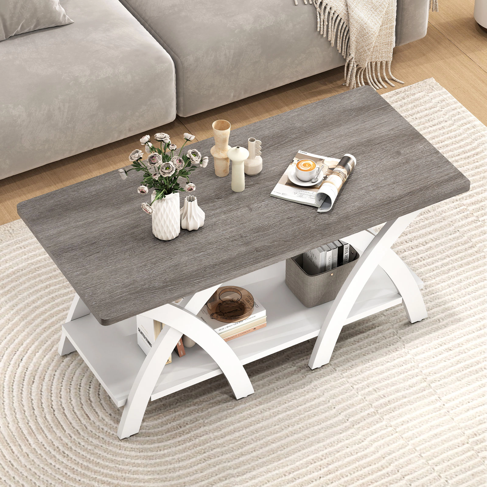 SUGIFT 2-Tier X-Shaped Legs Rubber Wood Farmhouse Coffee Table 40-in x 19-in x 18.5-in 155-lb Capacity Gray