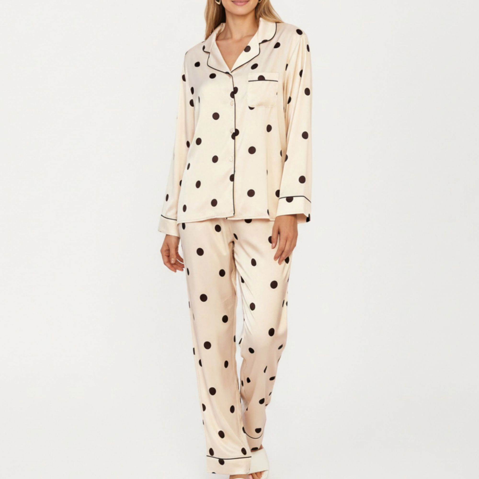 Anna-Kaci Women's 2-Piece Satin Polka Dot Pajama Top with Contrast Piping and Matching Straight Leg Pants