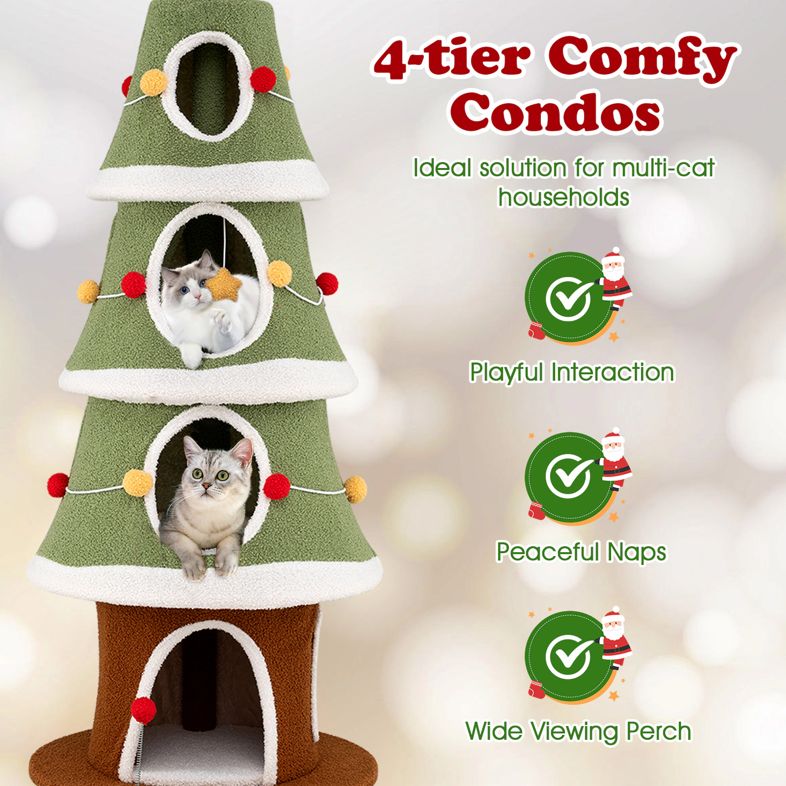 SUGIFT Green 61 in Christmas Cat Tree Holiday Cat Tower with 4 Condos