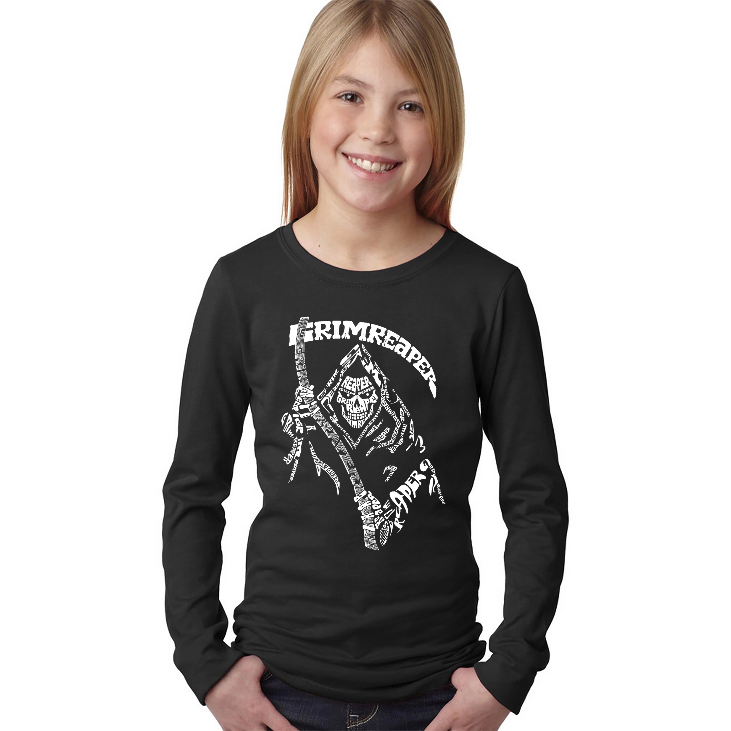 LA Pop Art Girls Long Sleeve Word T-Shirt - Girl's Grim Reaper