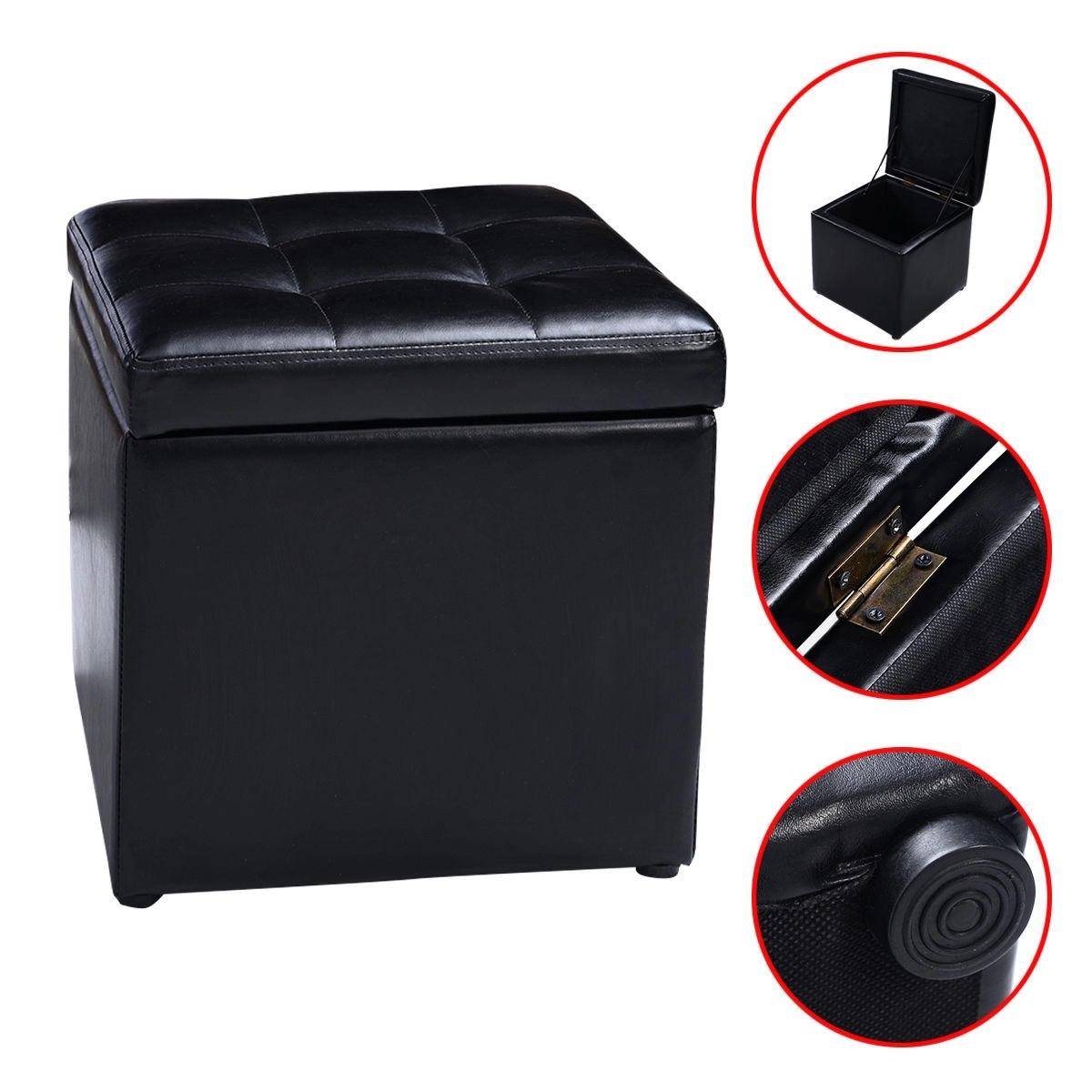 SUGIFT Foldable Faux Leather Cube Ottoman Pouffe Storage Seat 16-in Cube 330-lb Capacity Brown Black