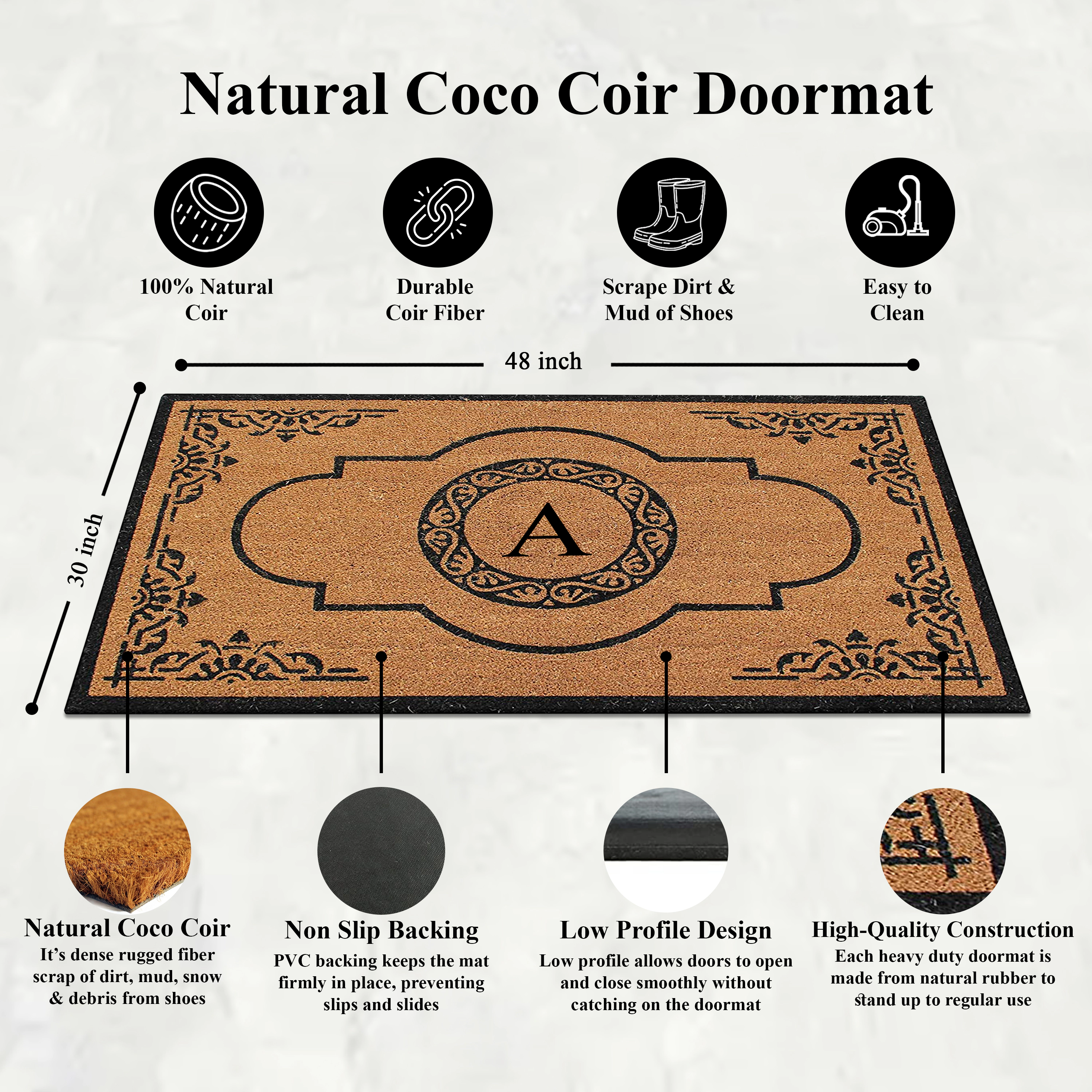 A1 Home Collections Natural Coir Monogrammed Welcome Doormat Heavy Duty Vyl Back 30 x 48 Letter M