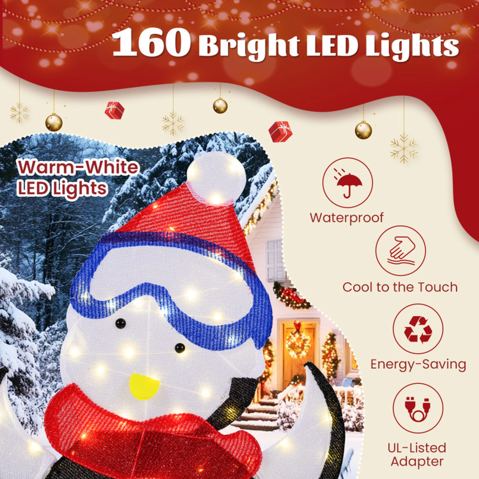 SUGIFT 3-Piece Multicolor 2D Lighted Penguin Family with 160 LED Lights 47-in H Dad 44-in H Mom 28-in H Baby