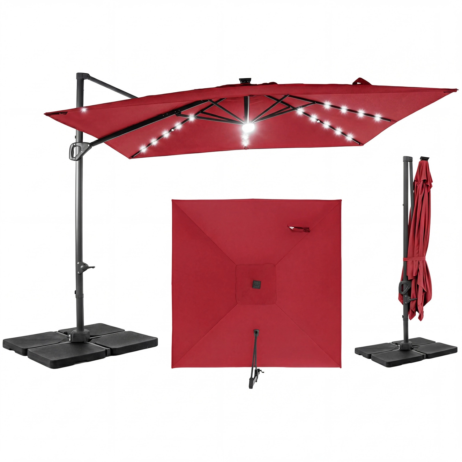 SUGIFT 10-ft Wine Solar Offset Patio Umbrella with 220-lb Fillable Base Crank Lift and Storage Strap