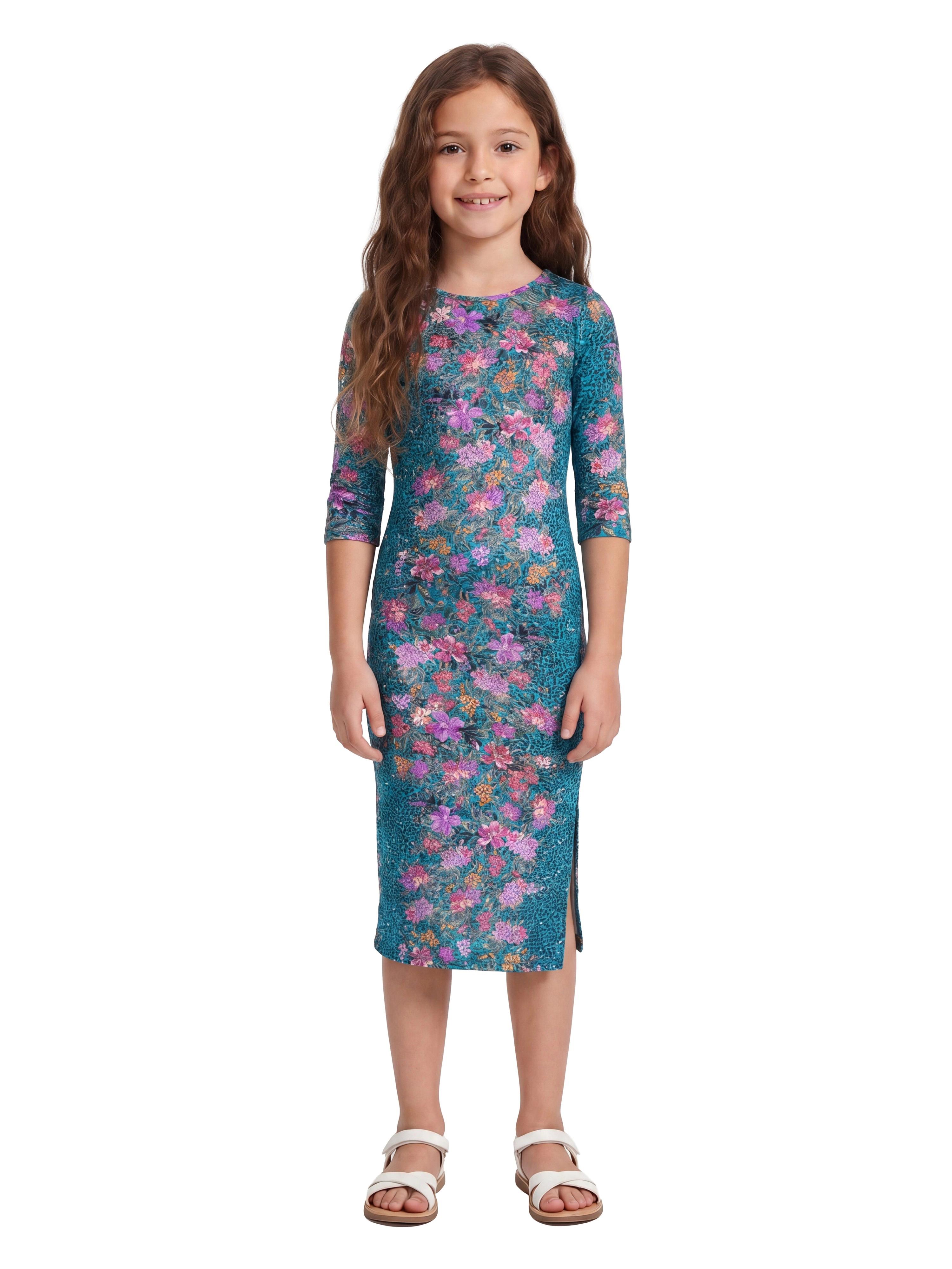 24sevenKid Essential Teal Animal Print Side Slit Girls Maxi Dress
