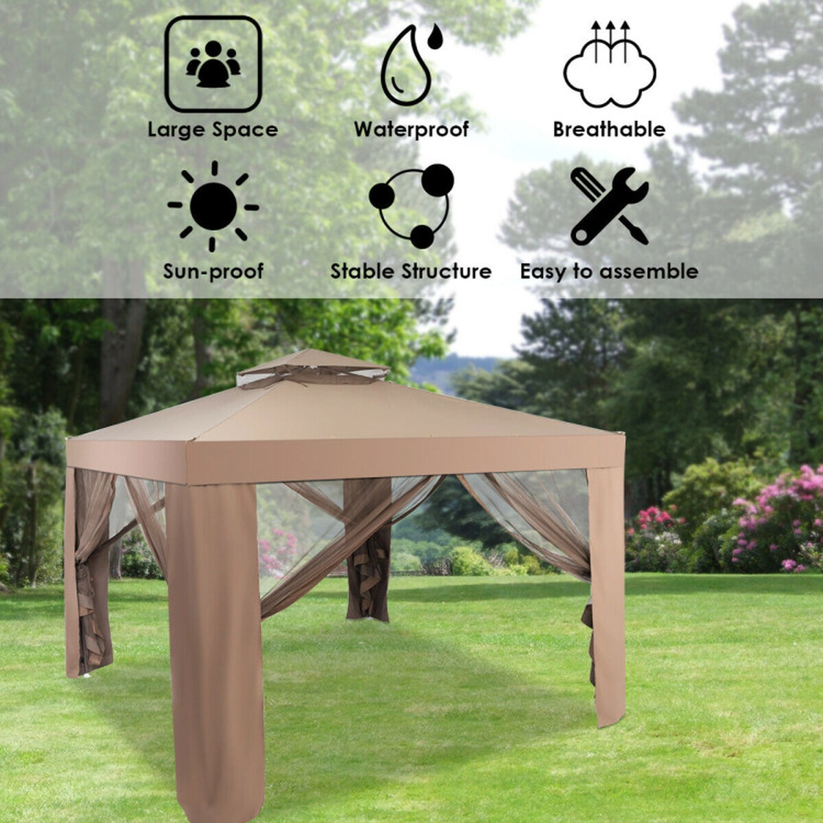 SUGIFT 9.8 ft Square Double-Tier Canopy Gazebo, Brown and Beige, Steel Frame with Zippered Mesh Netting