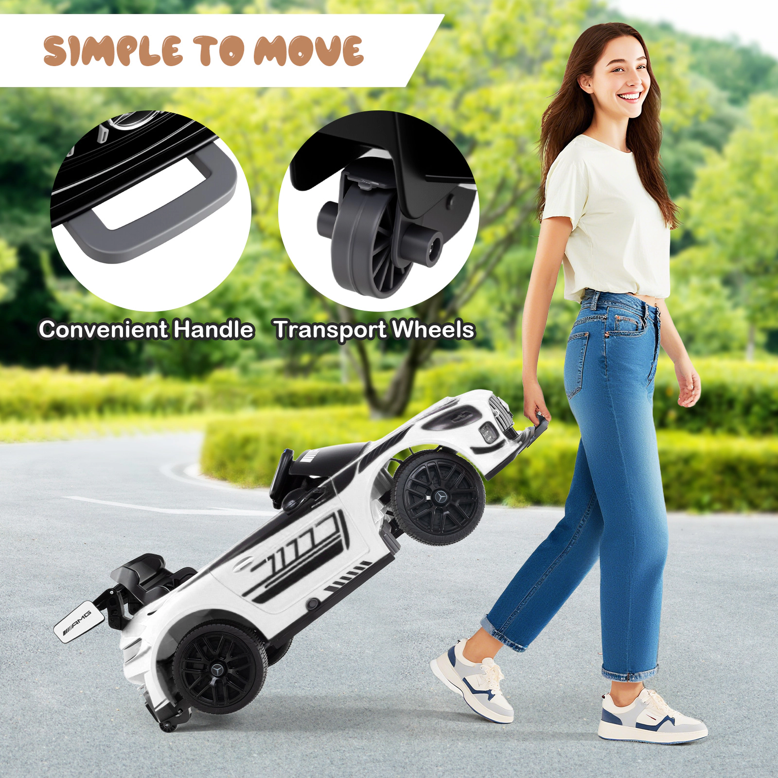 12V Kids Ride On Race Car Parent Remote Emergency Brake 3-Point Safety Belt Lockable Doors LED Lights Ages 3+ White