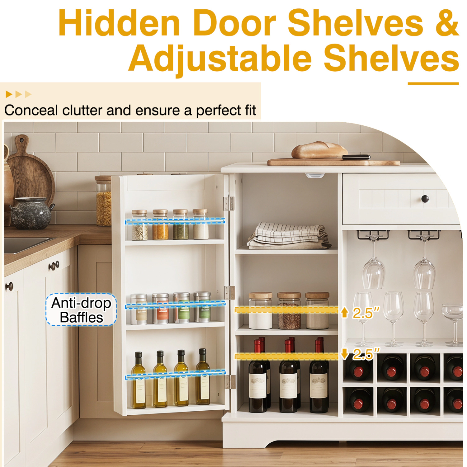 Glintex 47.5-Inch Sideboard with 10-Bottle Wine Rack and Door Shelves, White