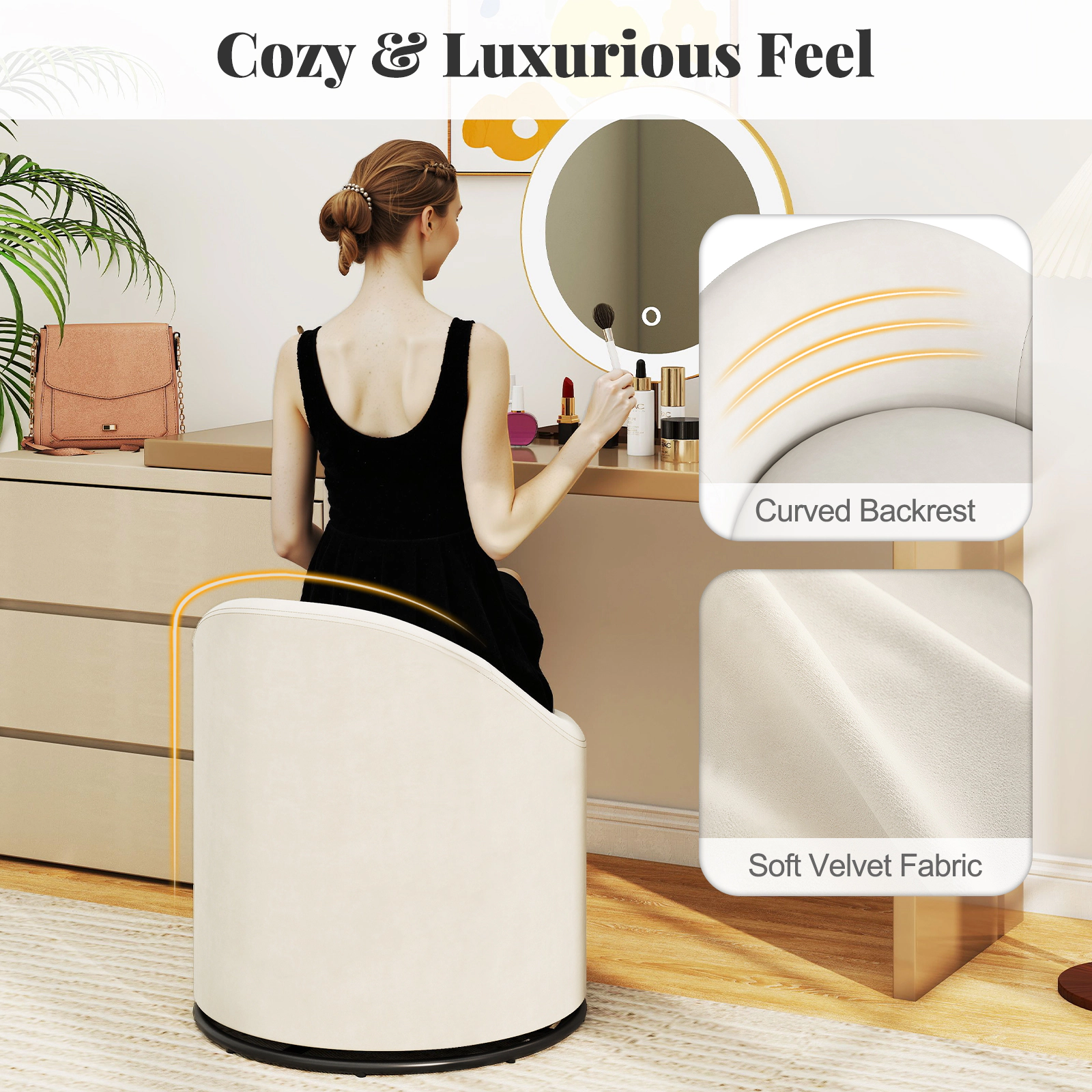 SUGIFT Beige Velvet Barrel Chair with Hidden Storage and 360-Degree Swivel