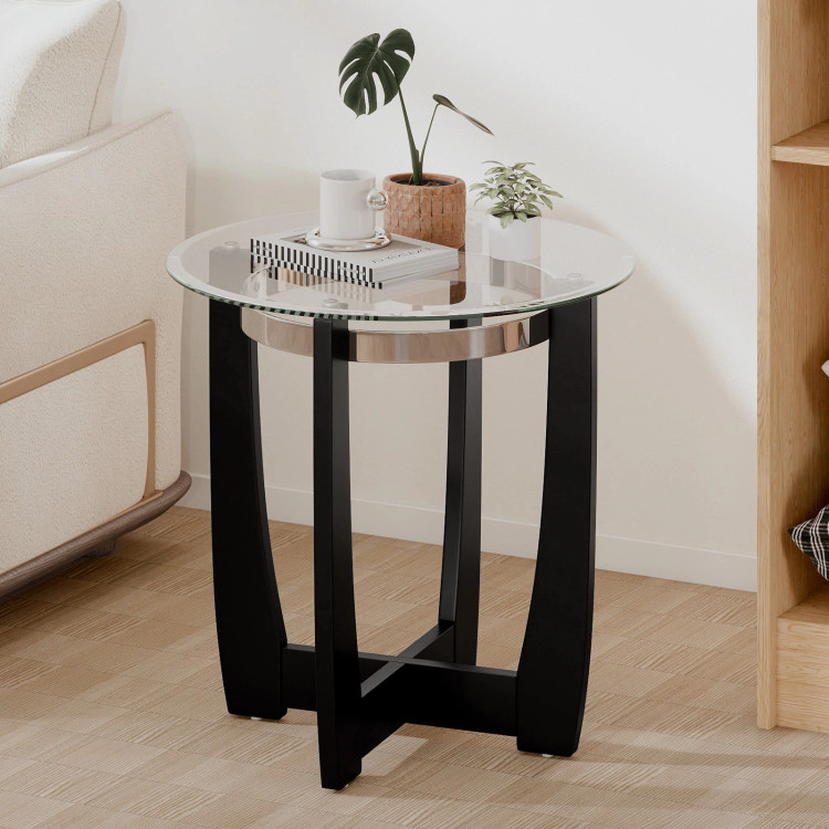 Hivvago 24 Inches Round Side Table With Tempered Glass Top And Solid Rubber Wood Base