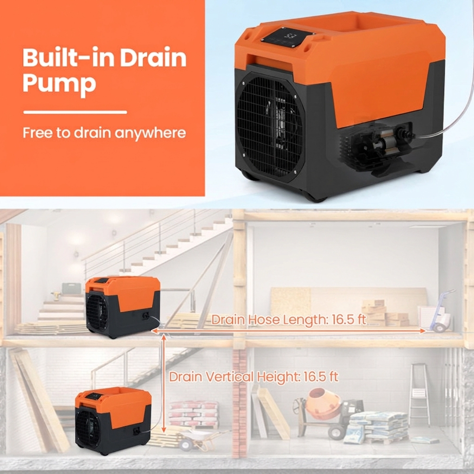 SUGIFT 140-Pint Commercial Dehumidifier with Pump and 16.5-ft Drain Hose for 1800 Sq Ft Spaces Orange