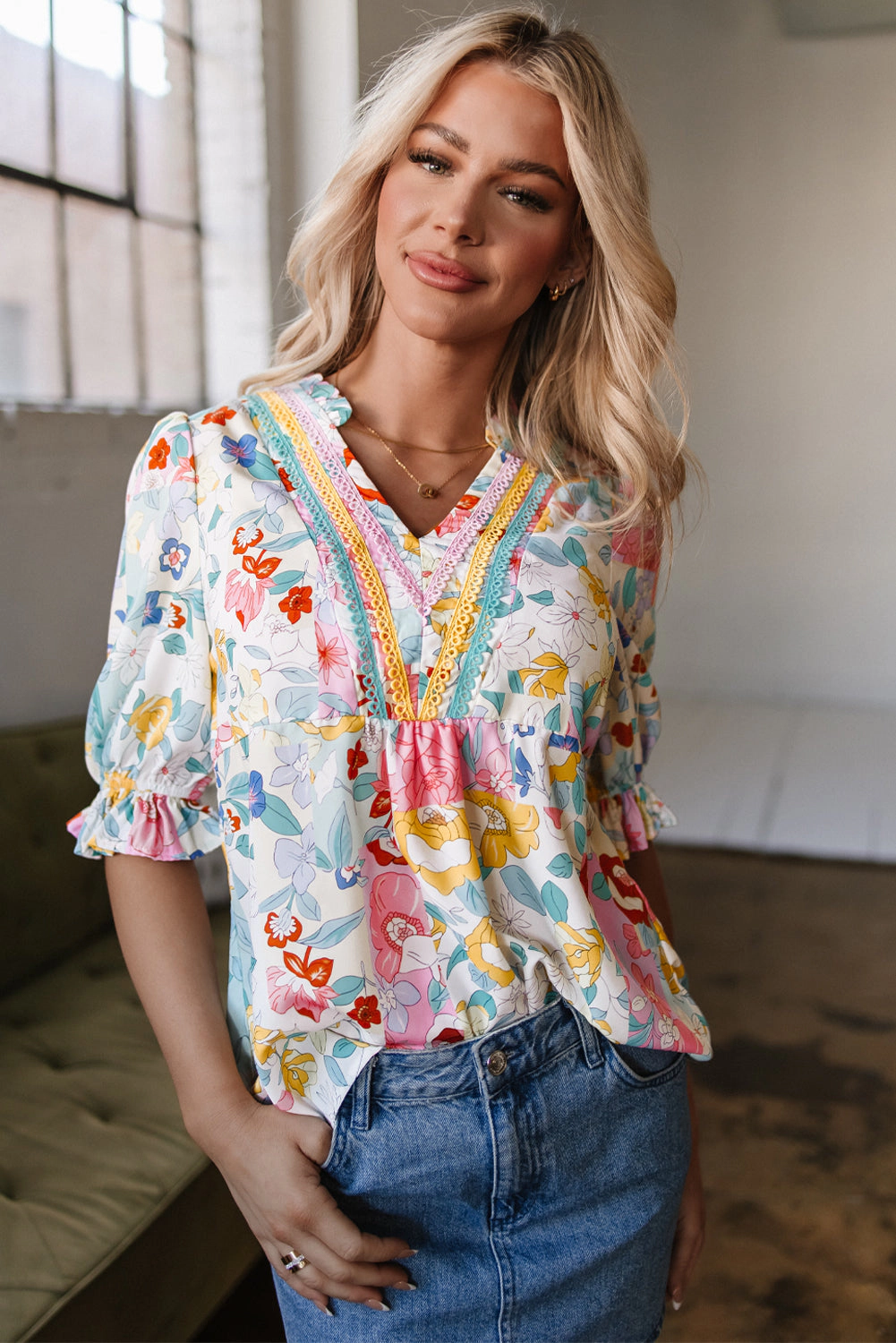 Threaded Pear Women's Solana Boho Flower Half Puff Sleeve Blouse