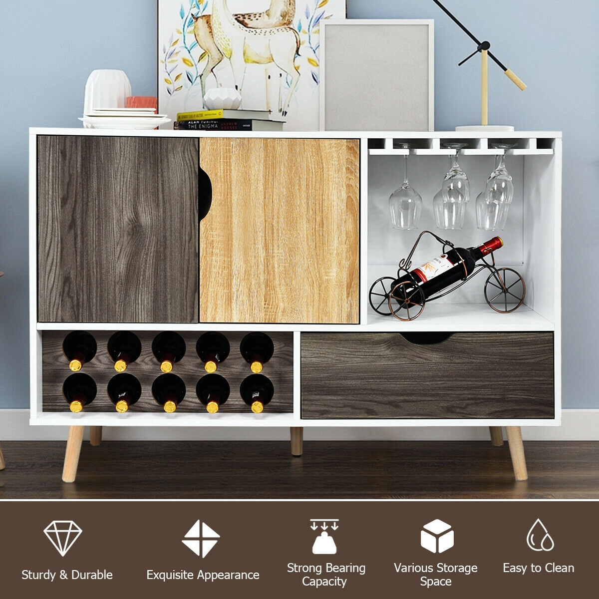 SUGIFT 47.5-in 110-lb Capacity Mid-Century Wooden Buffet Sideboard with 10-Bottle Wine Rack and Glass Holder