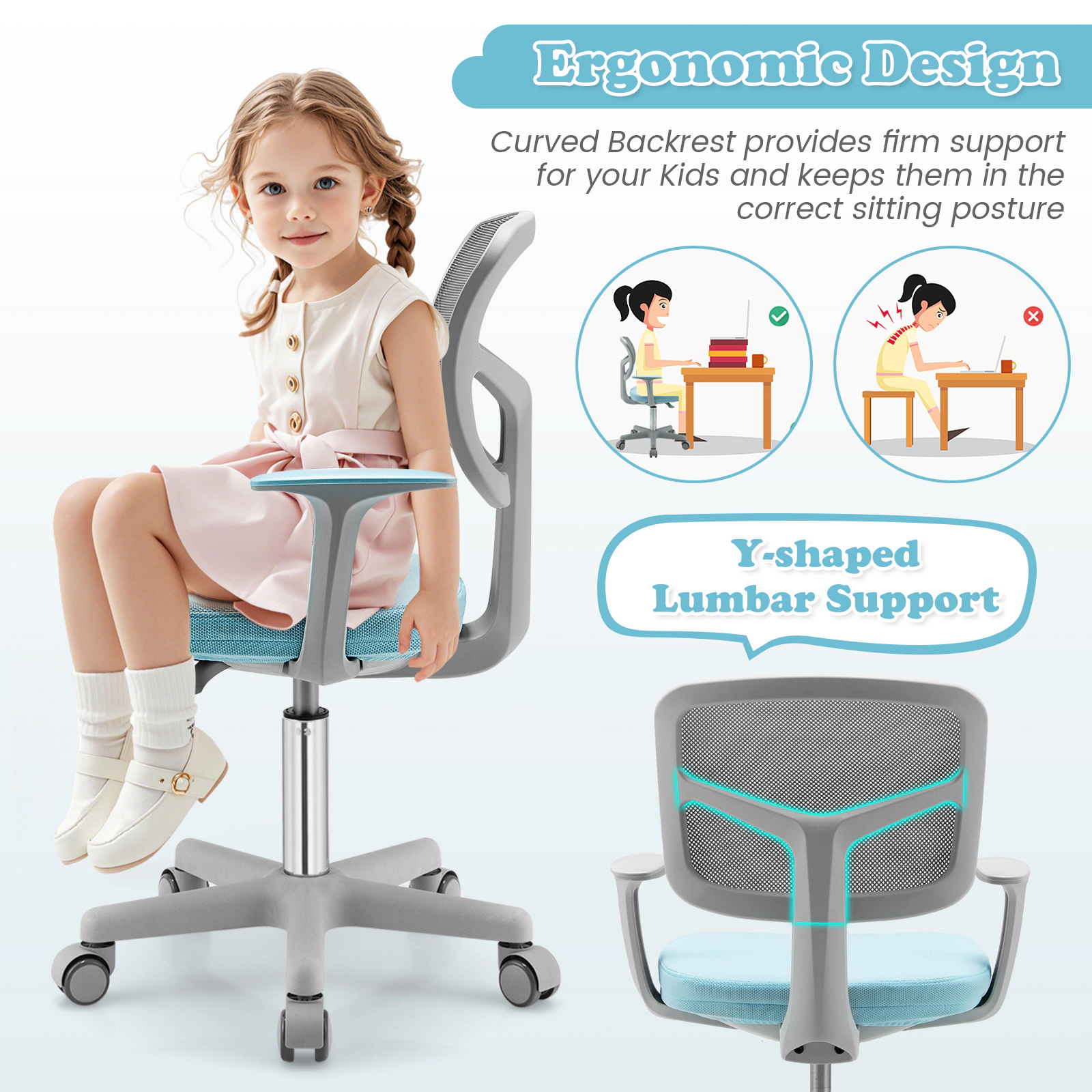 SUGIFT Kids Mesh Desk Chair with Auto Brake Casters and Detachable Cushion Blue