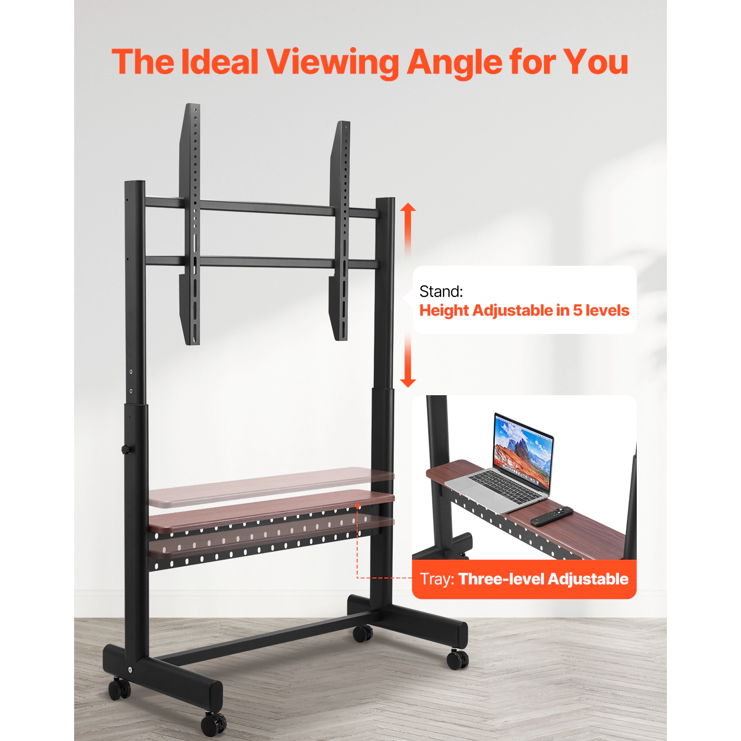 HONGGE Universal Rolling TV Cart for 55-100 Inch Screens, Height Adjustable Mobile Stand with Tray