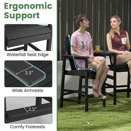 SUGIFT Black 2-Seat HDPE Adirondack Chair Set with Connecting Tray