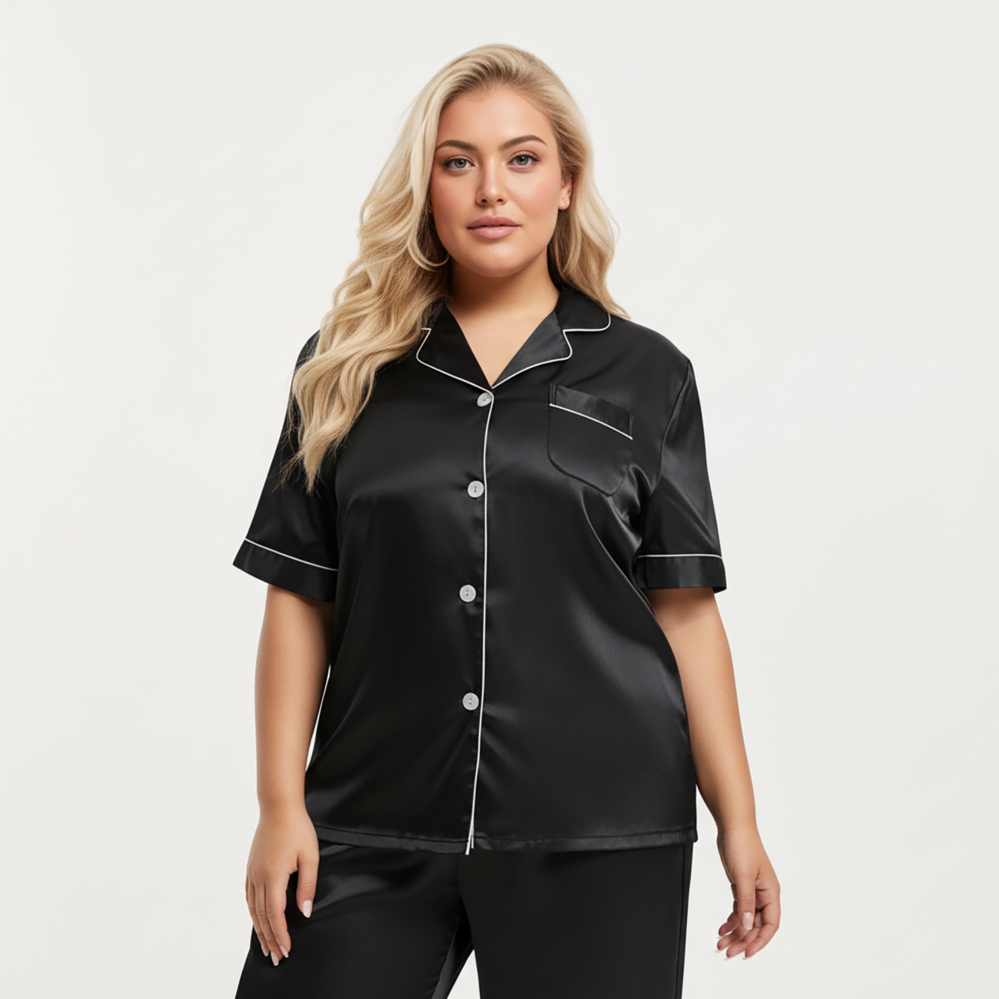 Anna-Kaci Women's Plus Satin Pajama Set with Short Sleeve Button Front Top and Relaxed Straight Leg Pants