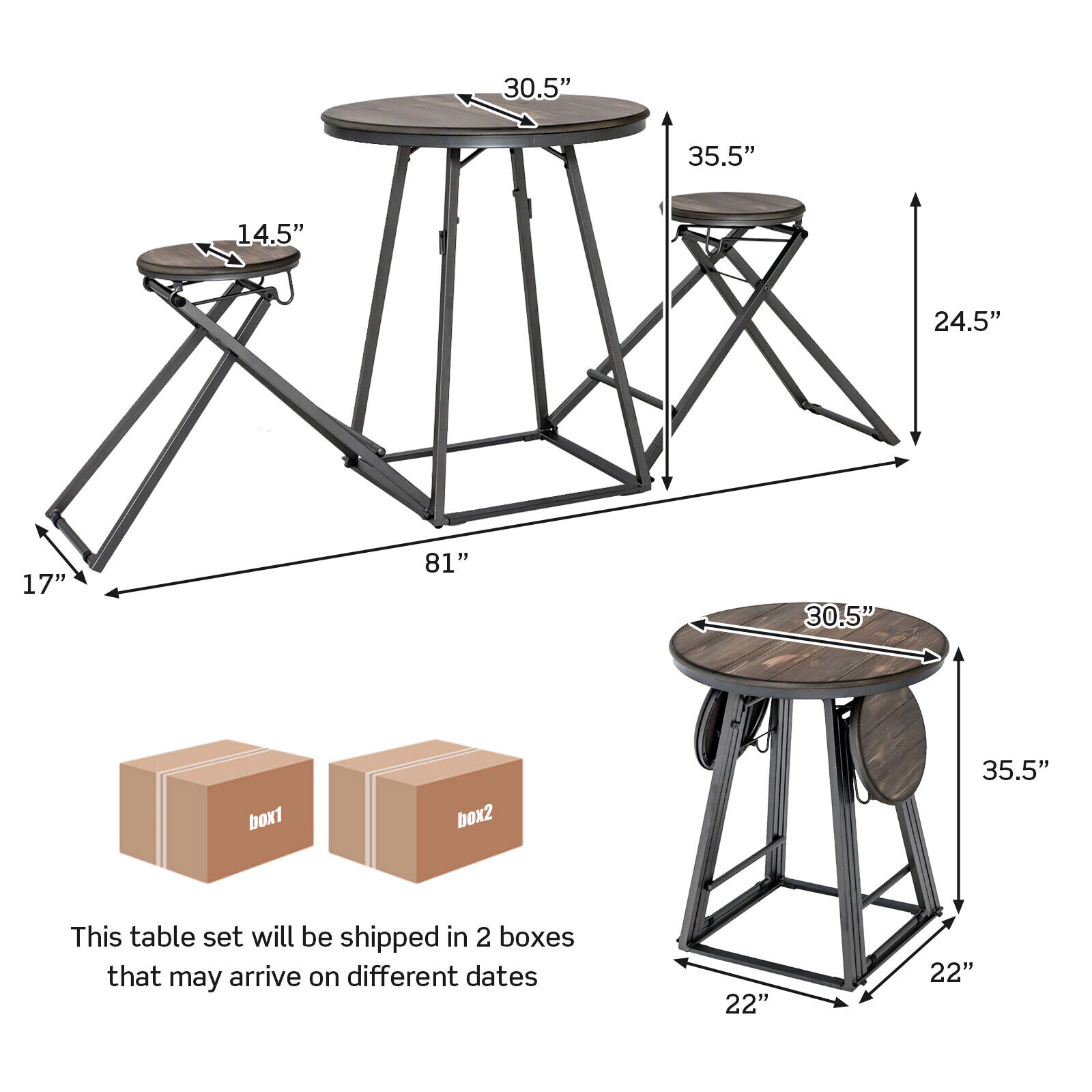 SUGIFT Space-Saving Round Dining Table Set with Foldable Stools 110-lb Table 330-lb Stools Gray