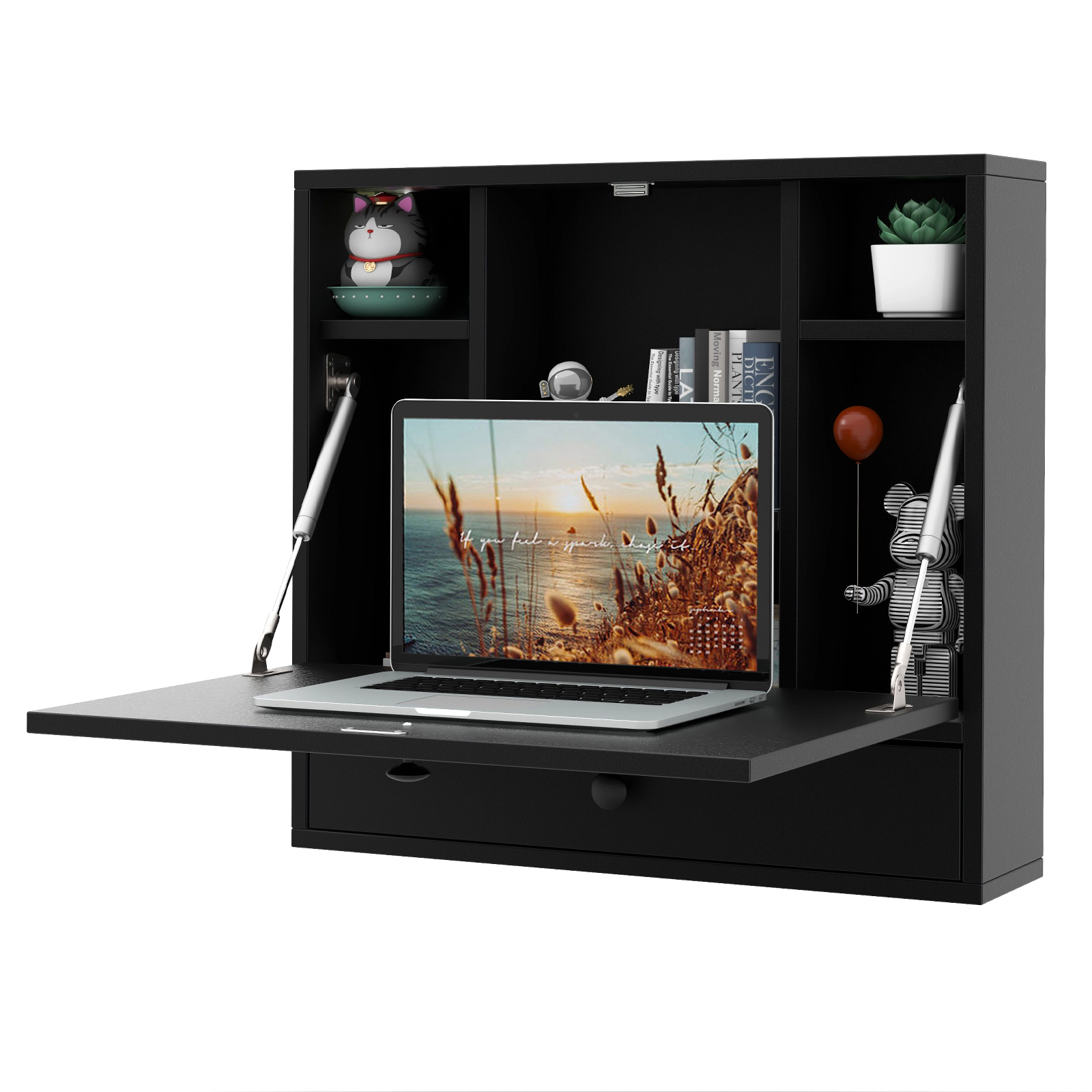 SUGIFT Foldable Wall-Mount Floating Laptop Desk with Shelves and Drawer 11-lb Desktop Capacity Black