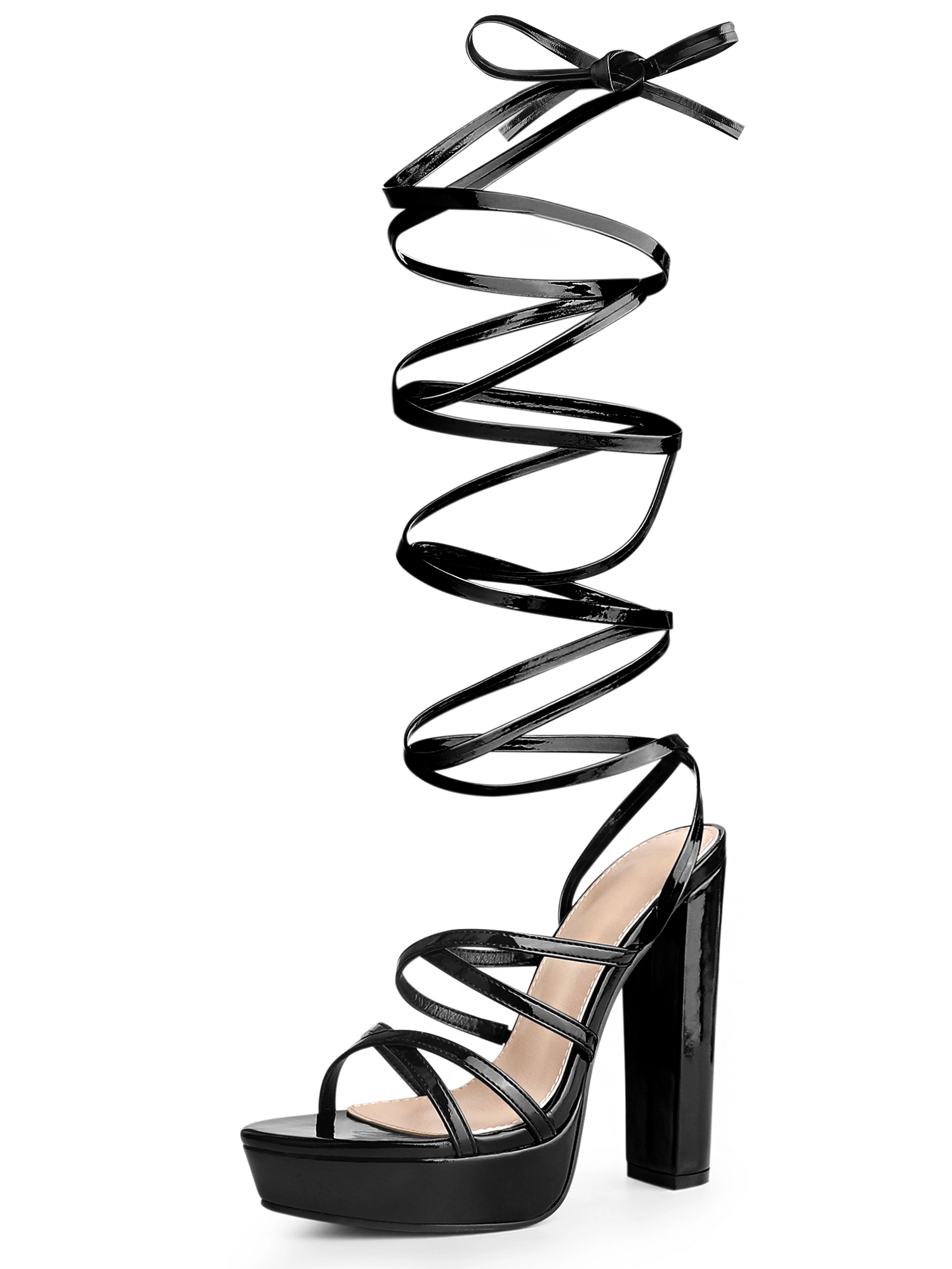 BLISSFUL STEP Women's Chunky Platform Strappy Lace Up Block Heel Sandals