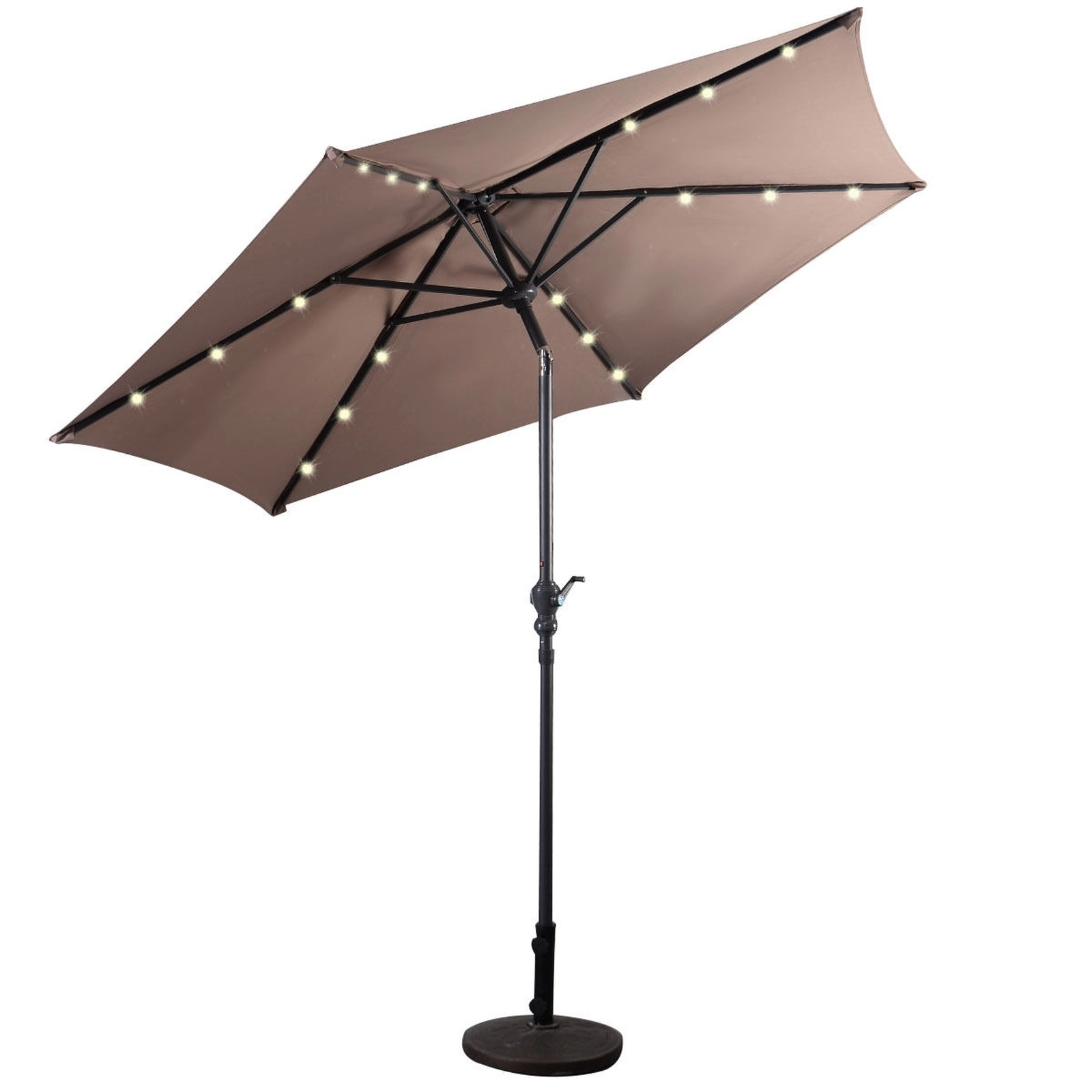 SUGIFT 9-ft Tan Solar LED Market Patio Umbrella with 18 Lights 6 Steel Ribs Push Tilt and Crank Lift