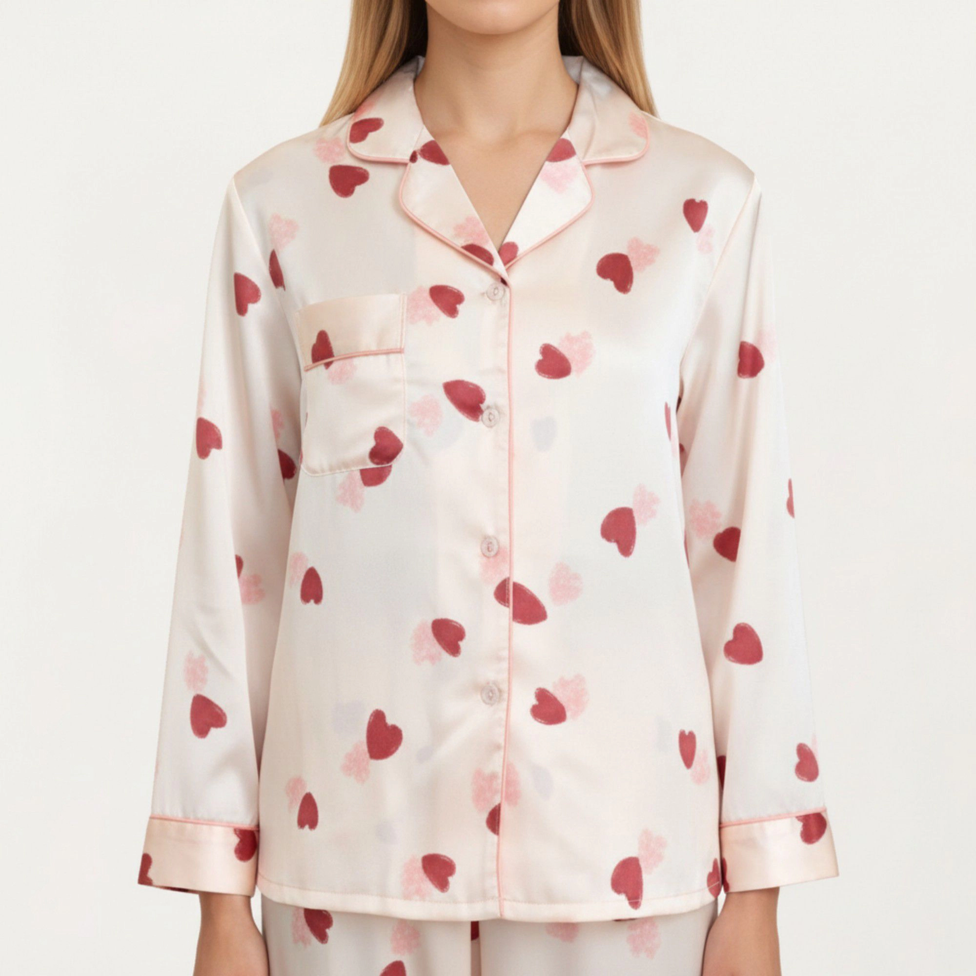 Anna-Kaci Women's 2-Piece Satin Valentine Heart Print Pajama Top Contrast Piping Matched Relaxed Straight Leg Pants