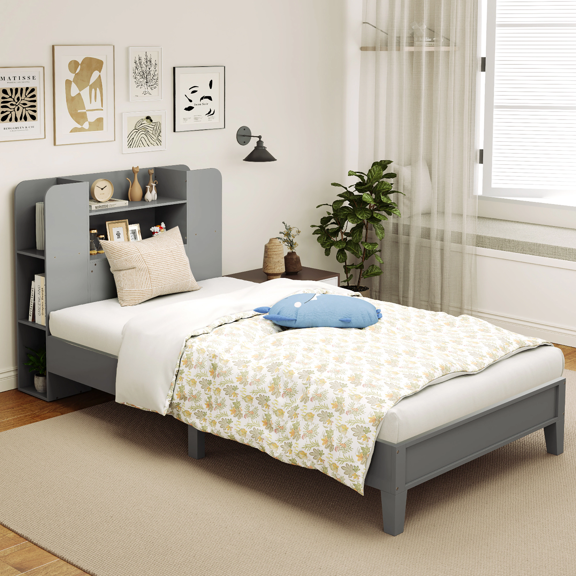 Costway Twin Bed Frame Wooden Platform Kids w/ Bookcase Headboard Gray